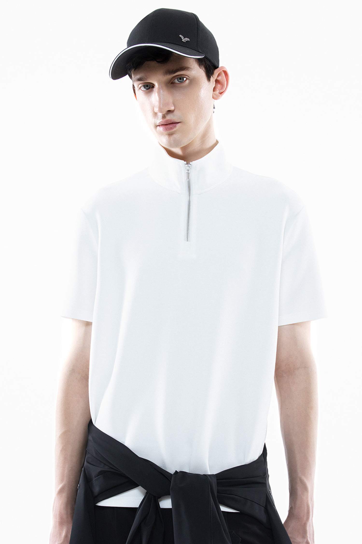 Regular Fit Stand Collar Half Zipper Heavy Fabric T-Shirt