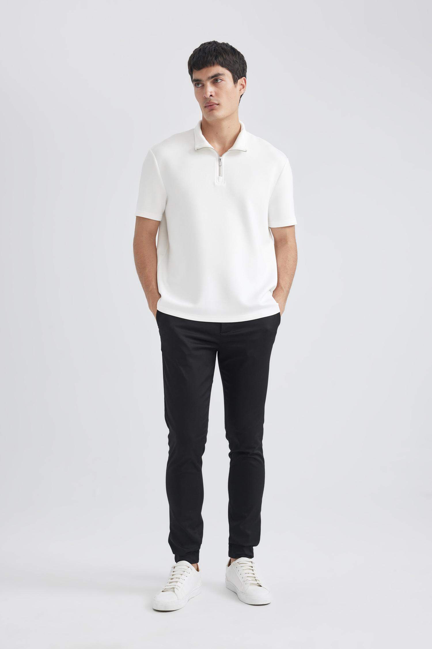 Regular Fit Stand Collar Half Zipper Heavy Fabric T-Shirt