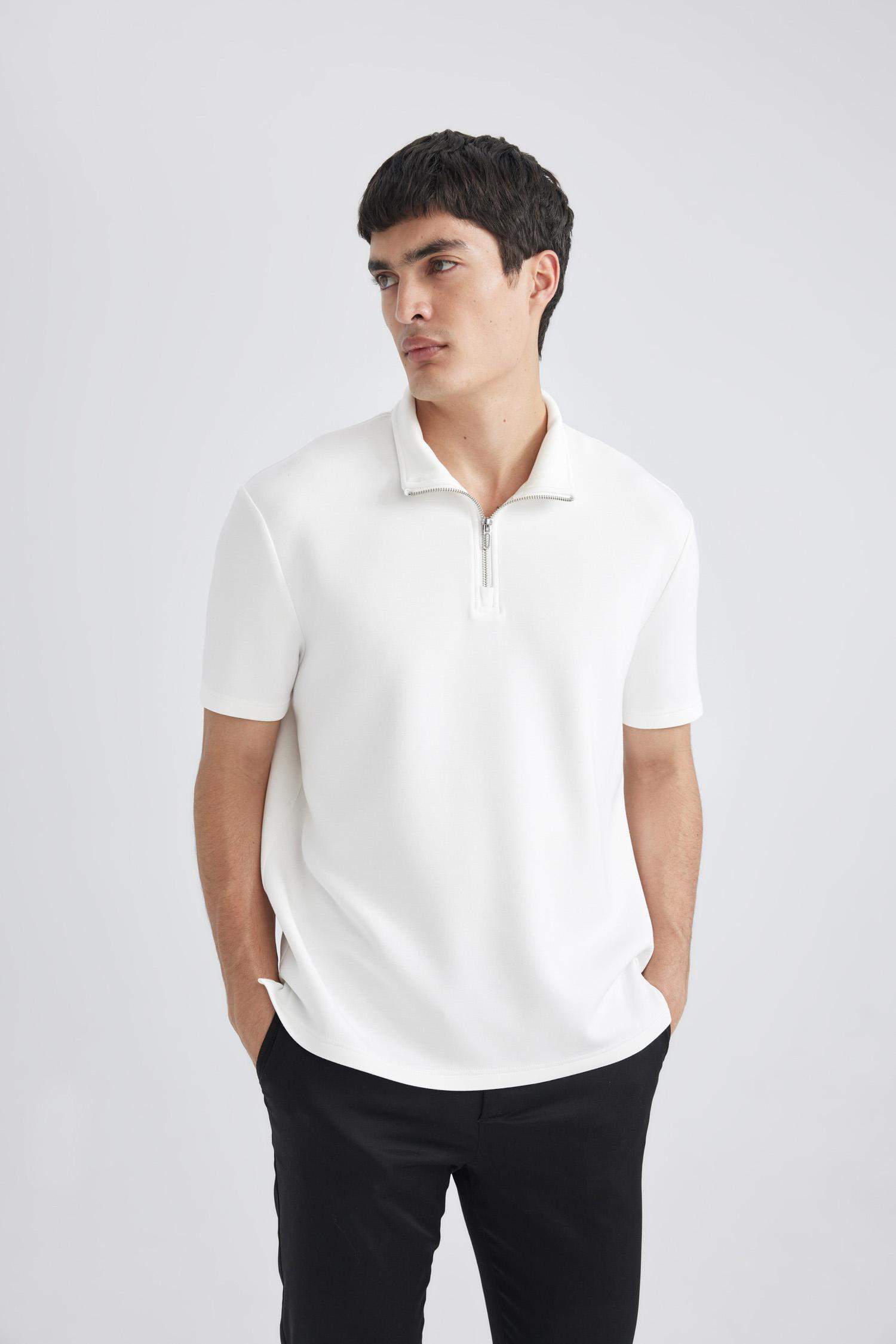 Regular Fit Stand Collar Half Zipper Heavy Fabric T-Shirt