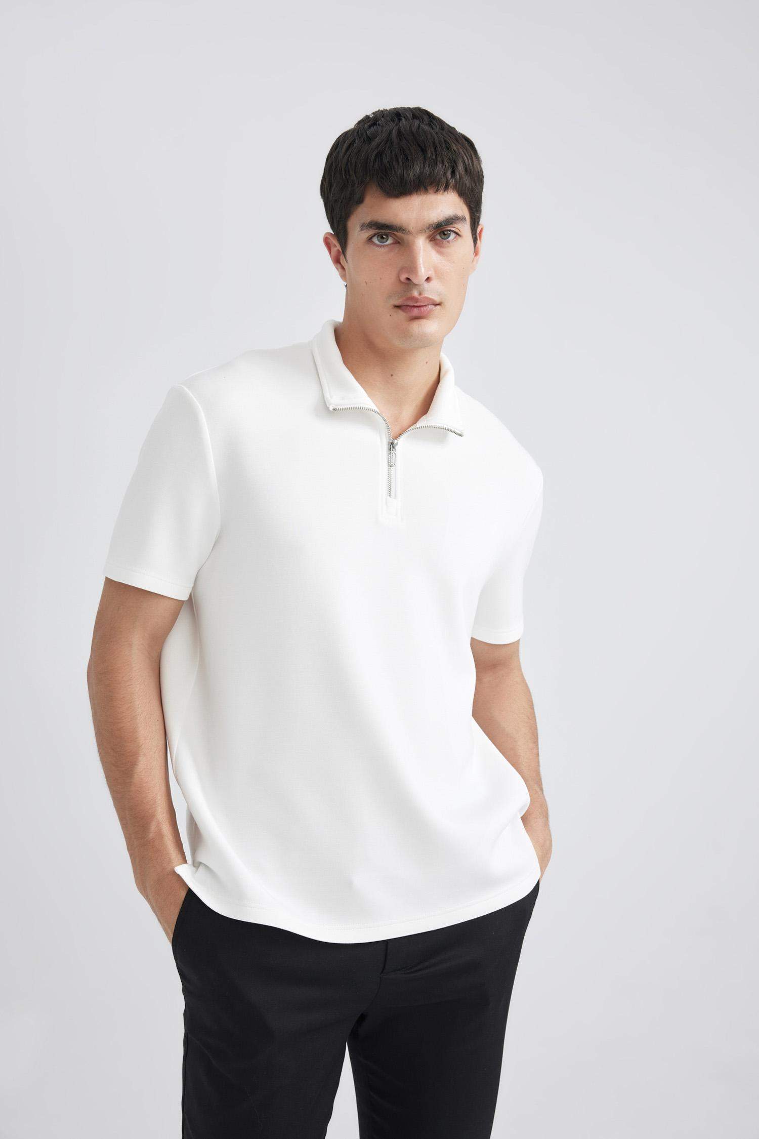 Regular Fit Stand Collar Half Zipper Heavy Fabric T-Shirt