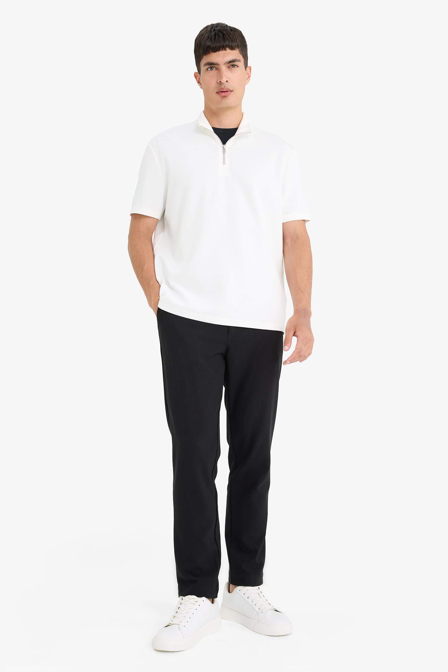 Regular Fit Dik Yaka Yarım Fermuarlı Modal Karışımlı Ağır Kumaş Kısa Kollu Tişört