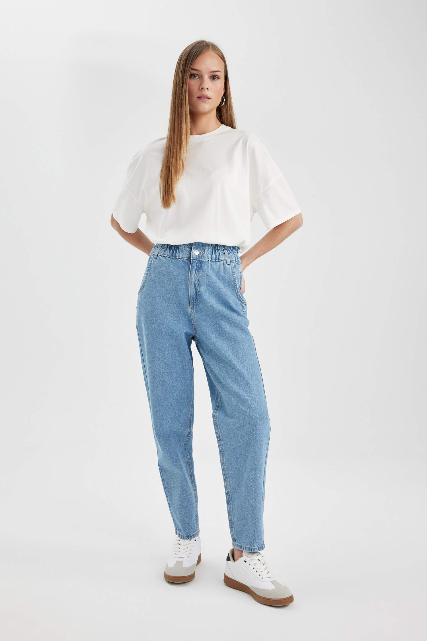 Pantalon Jean Coupe Paperbag Taille Haute Cheville