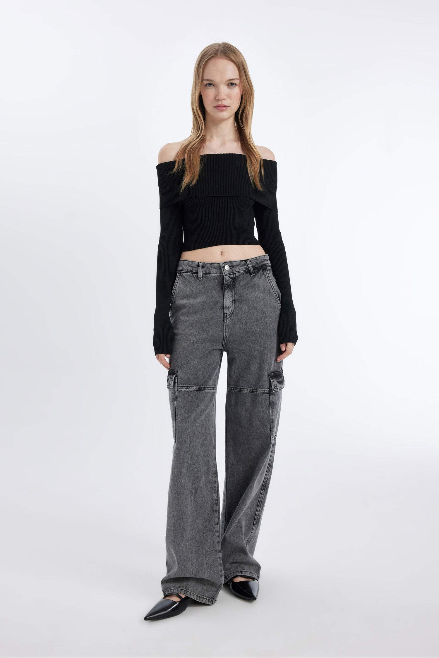 Slim Fit Dar Kesim Açık Omuz Basic Düz Triko Kazak