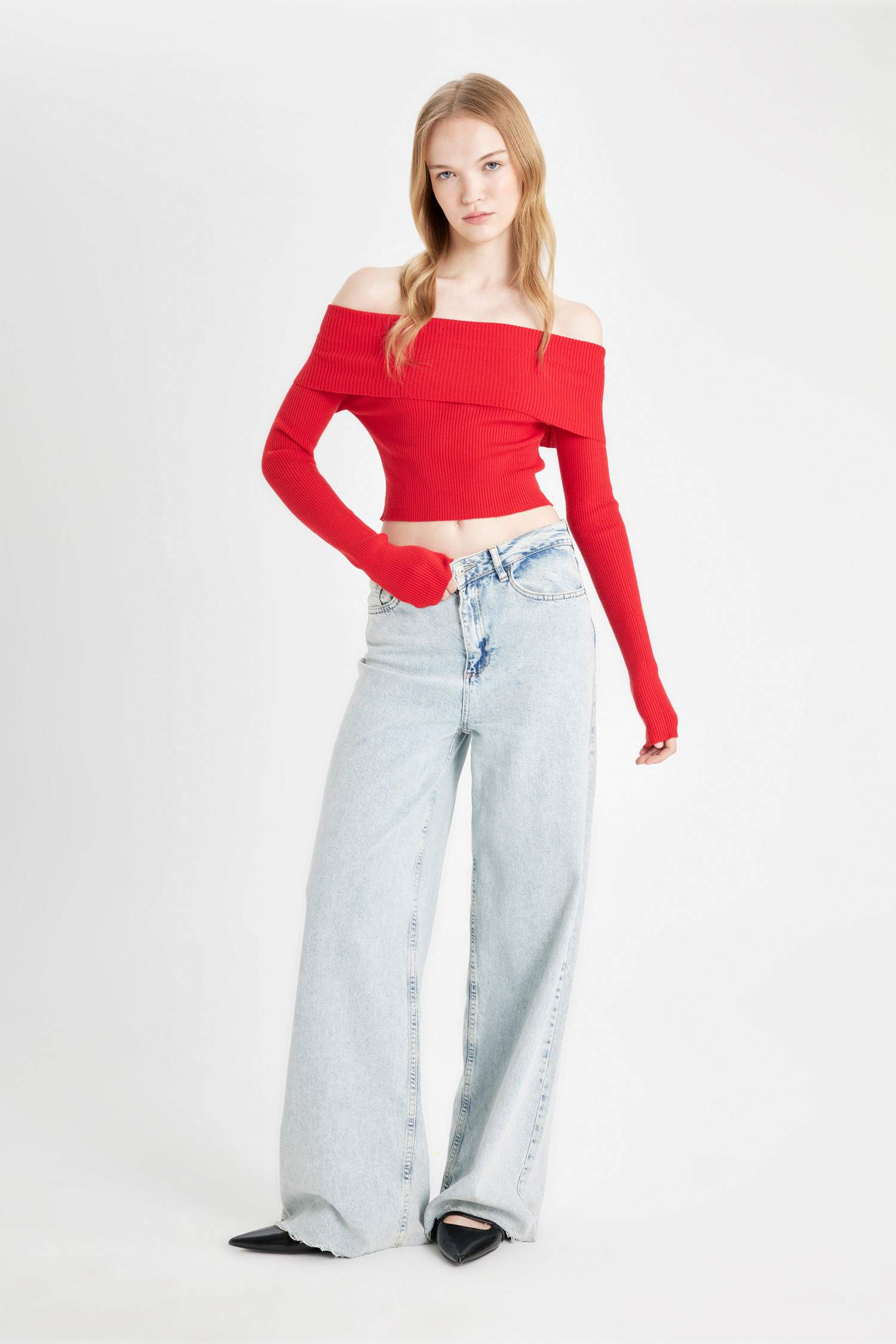 Coool Slim Fit Dar Kesim Açık Omuz Basic Düz Triko Kazak