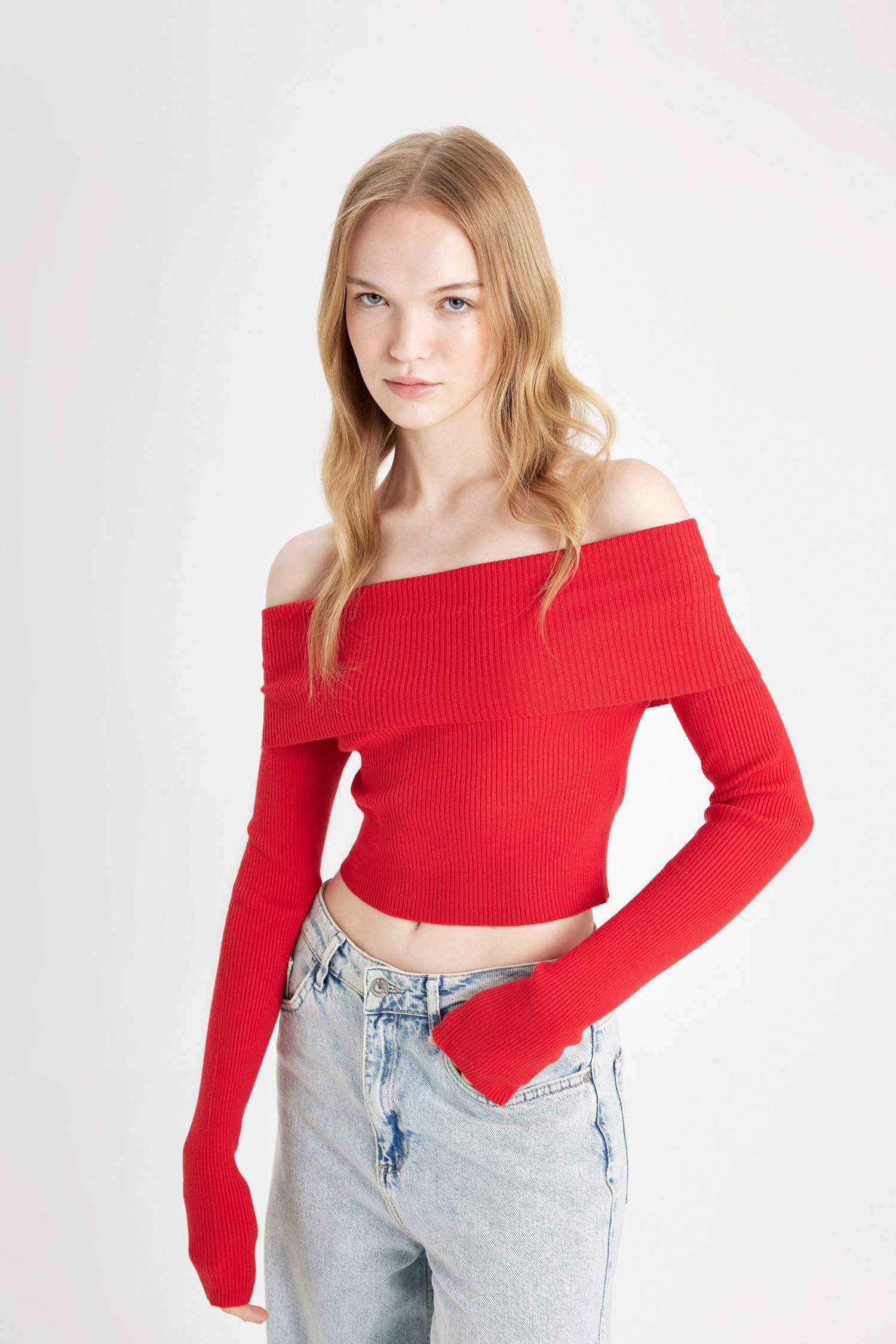 Coool Slim Fit Dar Kesim Açık Omuz Basic Düz Triko Kazak