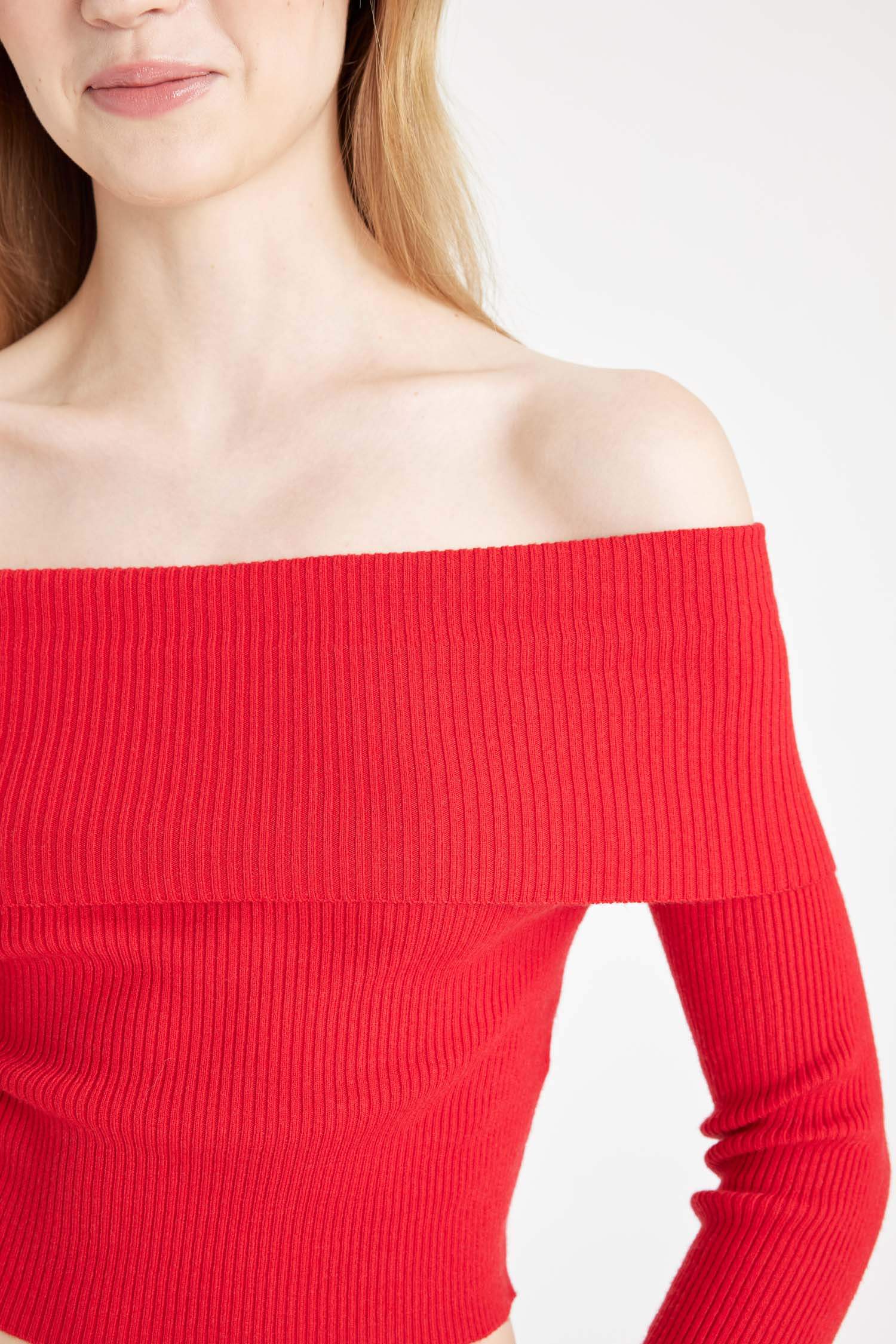 Coool Slim Fit Dar Kesim Açık Omuz Basic Düz Triko Kazak