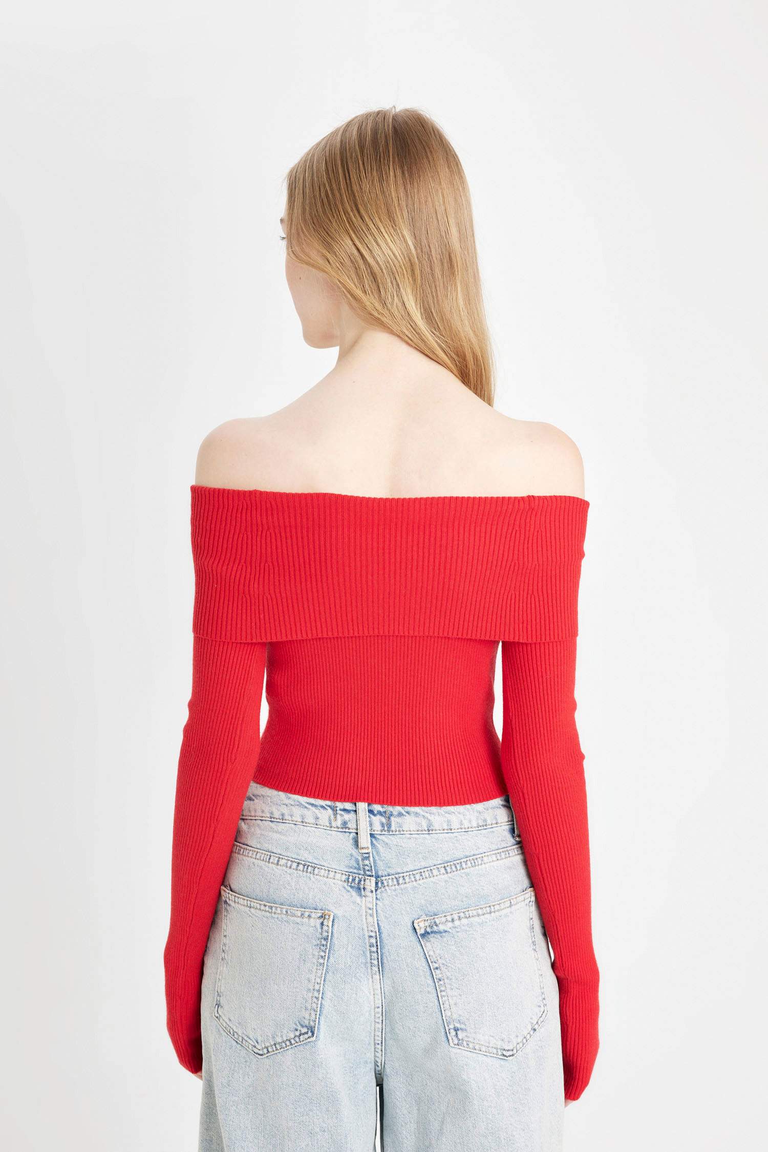 Coool Slim Fit Dar Kesim Açık Omuz Basic Düz Triko Kazak