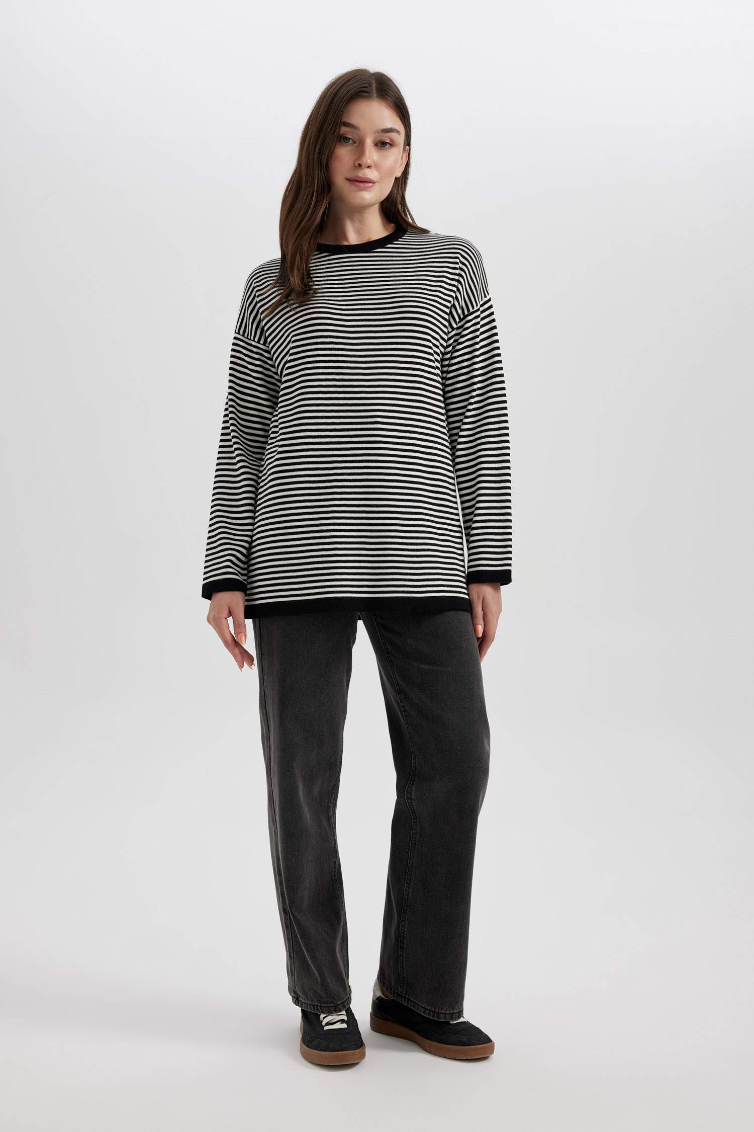 Regular Fit Crew Neck Striped Knitted Pullover Tunic