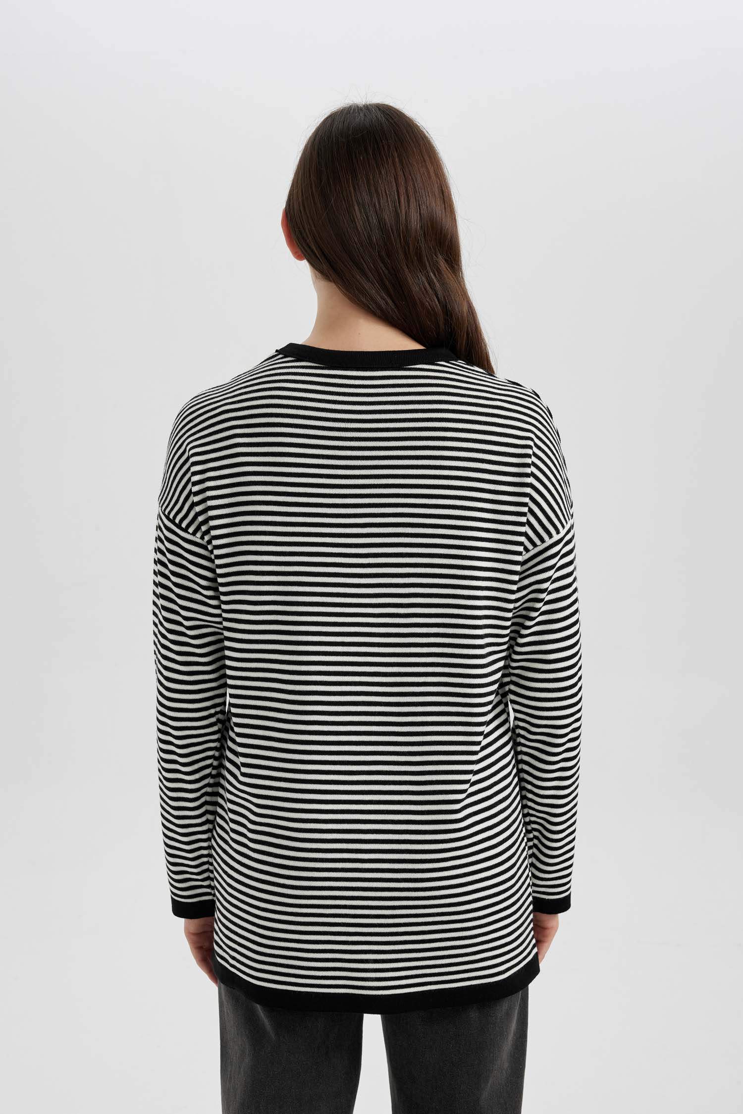 Regular Fit Crew Neck Striped Knitted Pullover Tunic