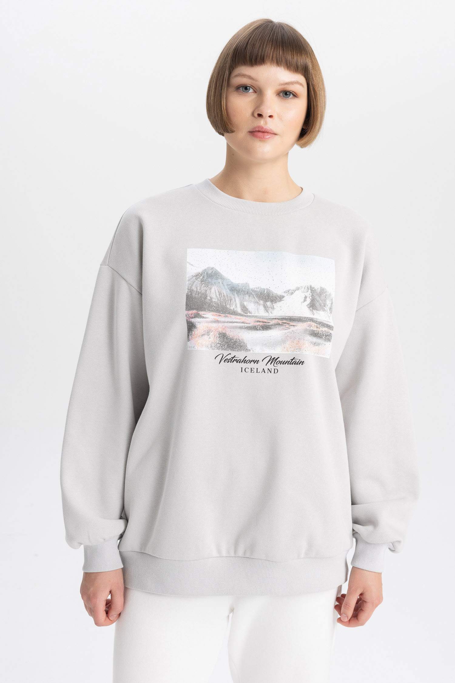 Oversize Fit Geniş Kalıp Bisiklet Yaka Baskılı Kalın Kumaş Sweatshirt