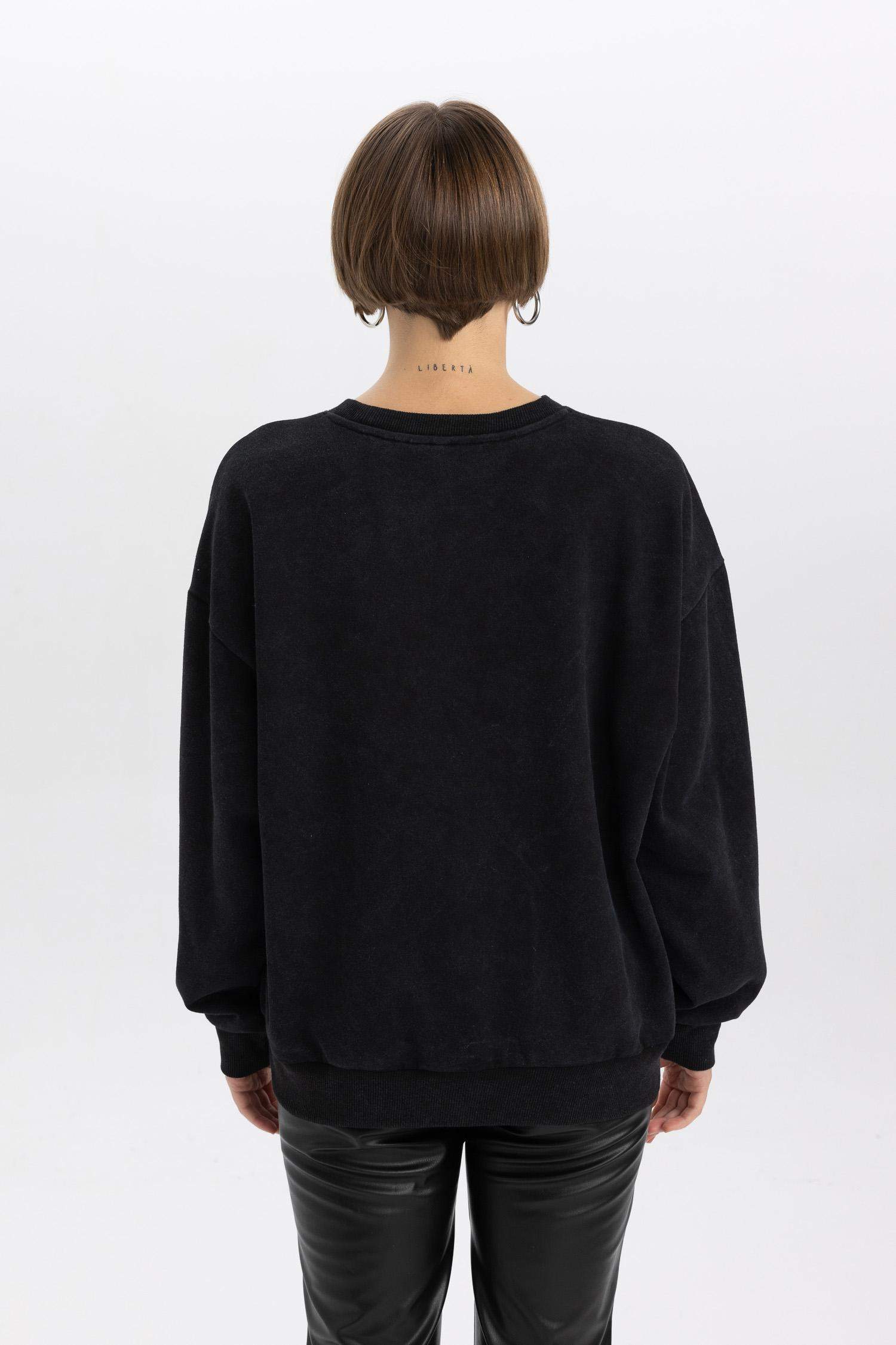 Relax Fit Crew Neck Stoned Thick Black Sweatshirt