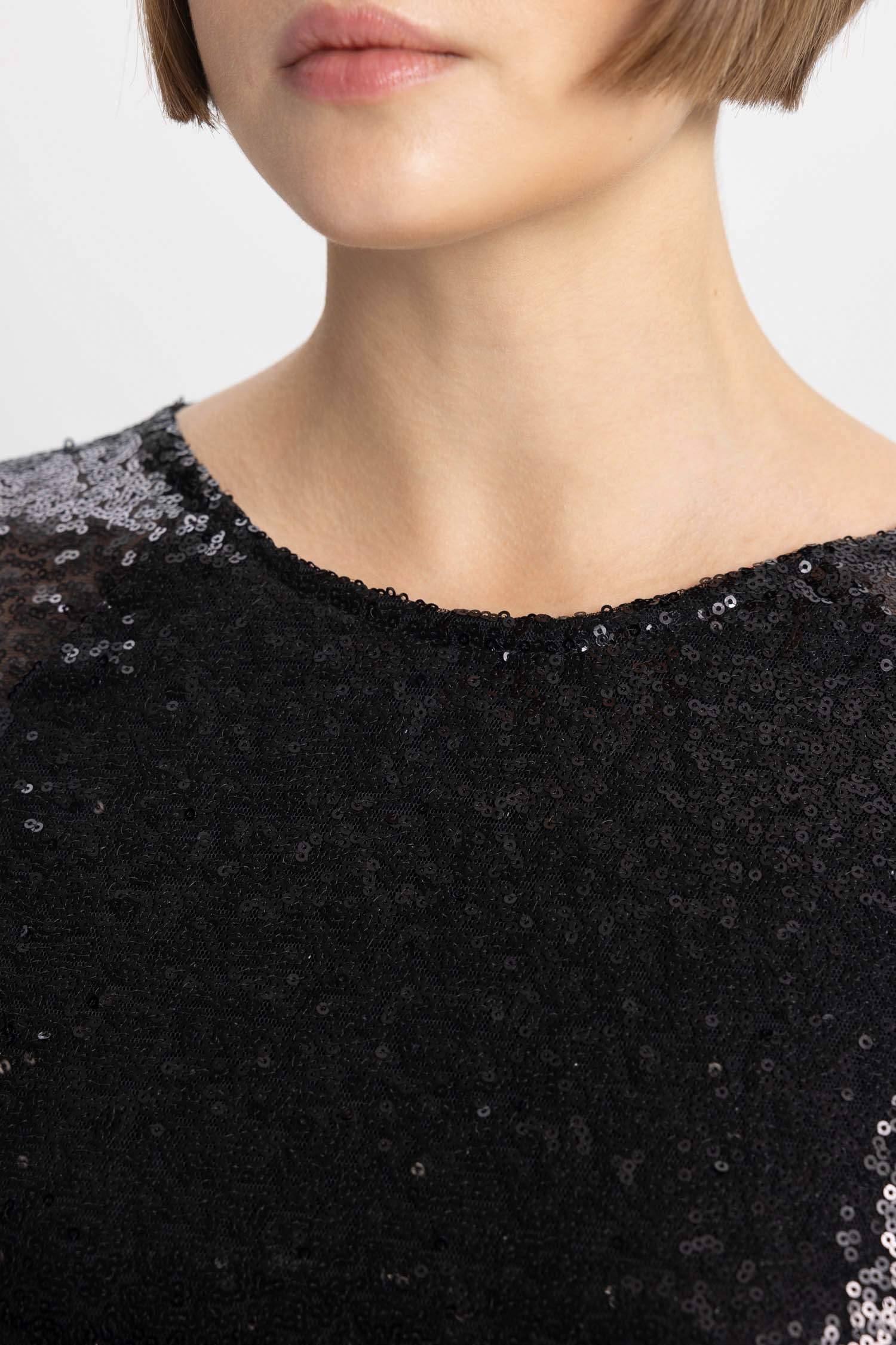 Cropped Fit Yuvarlak Yaka Payetli Kumaş Uzun Kollu Bluz