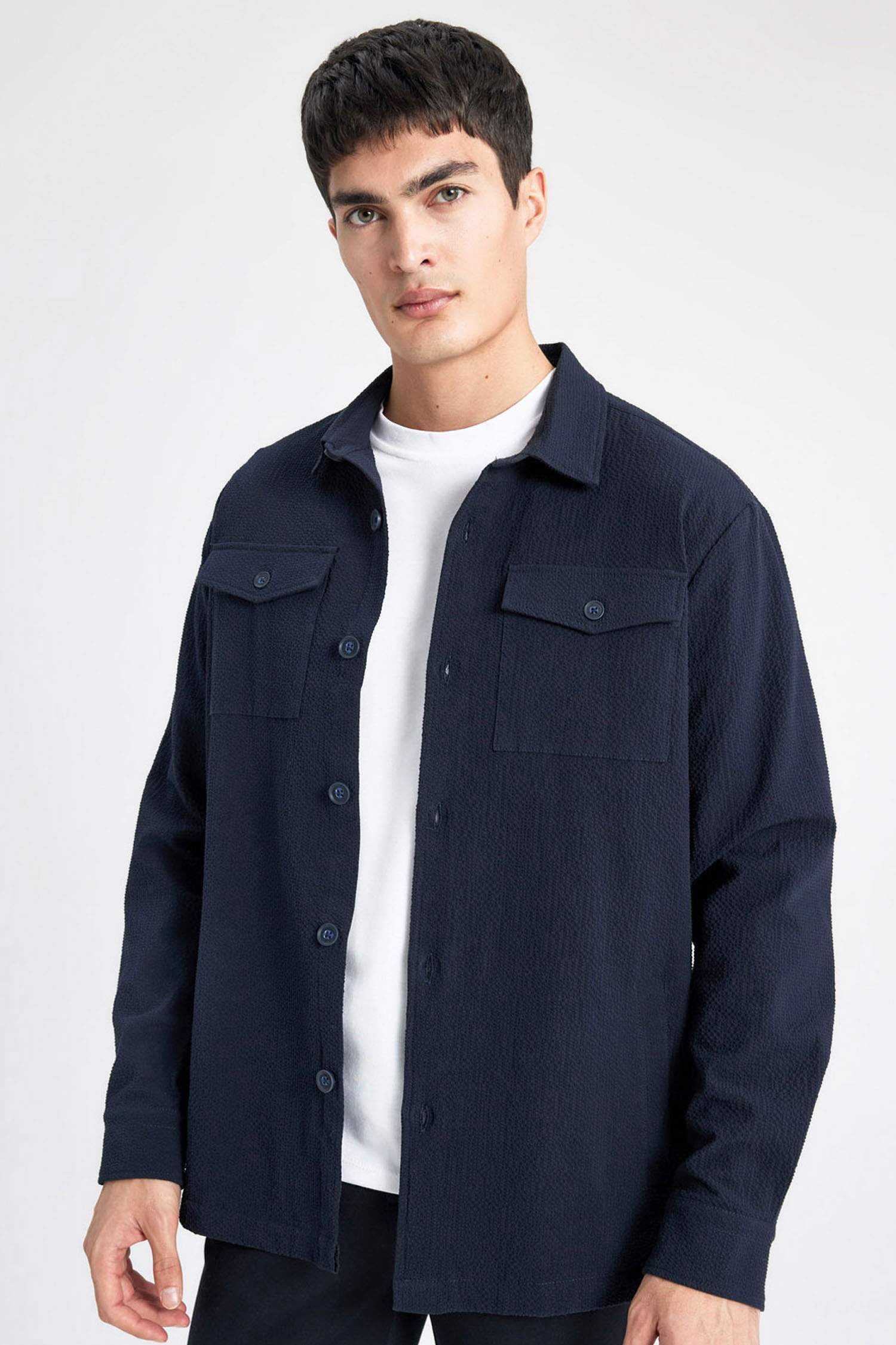 Regular Fit Polo Yaka Gofre Dokulu Gömlek Ceket