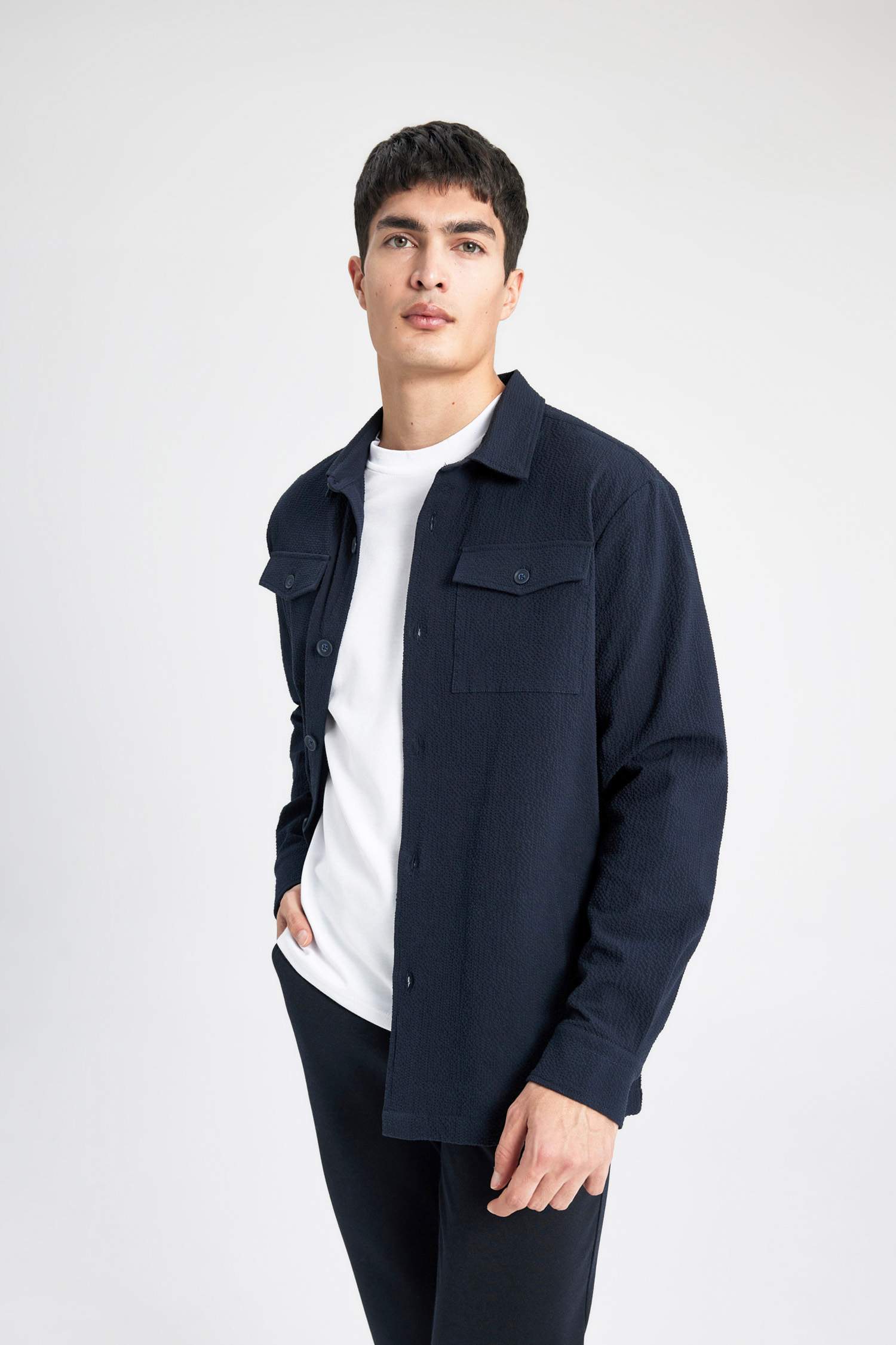 Regular Fit Polo Yaka Gofre Dokulu Gömlek Ceket