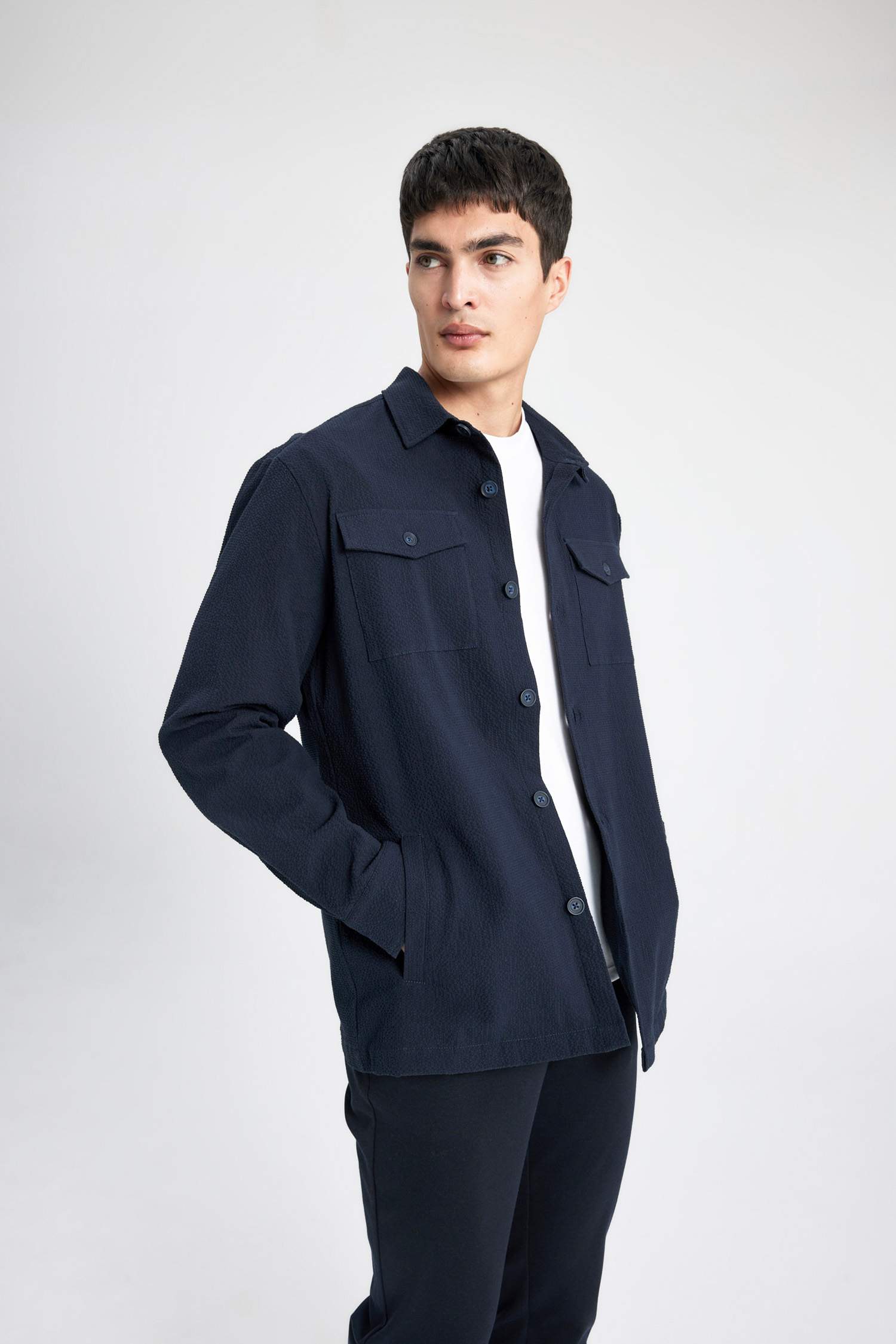 Regular Fit Polo Yaka Gofre Dokulu Gömlek Ceket