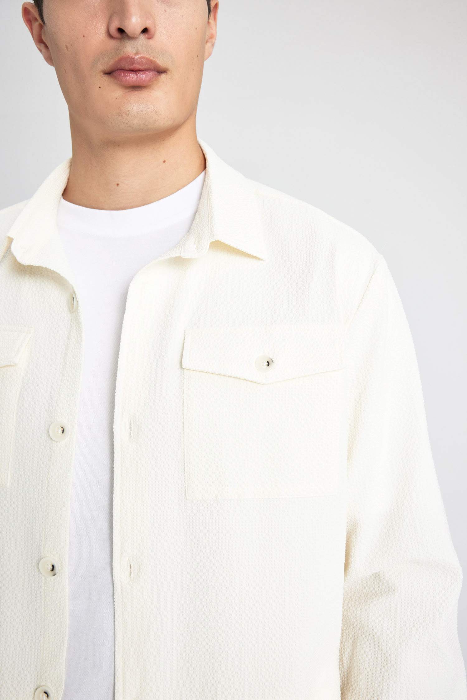 Regular Fit Polo Yaka Gofre Dokulu Gömlek Ceket