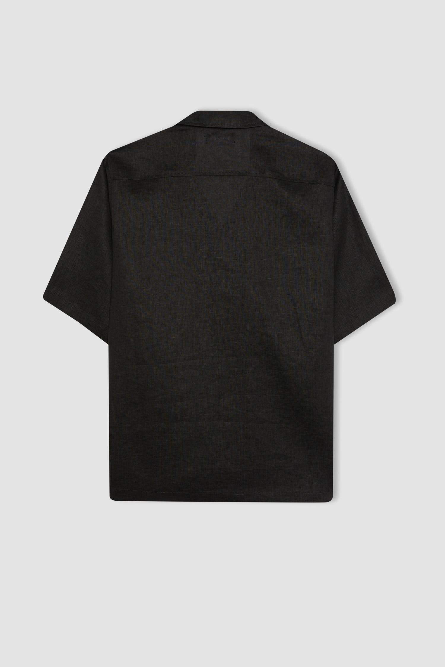 قميص بولو اسود كتان نص كم قصة مريحة