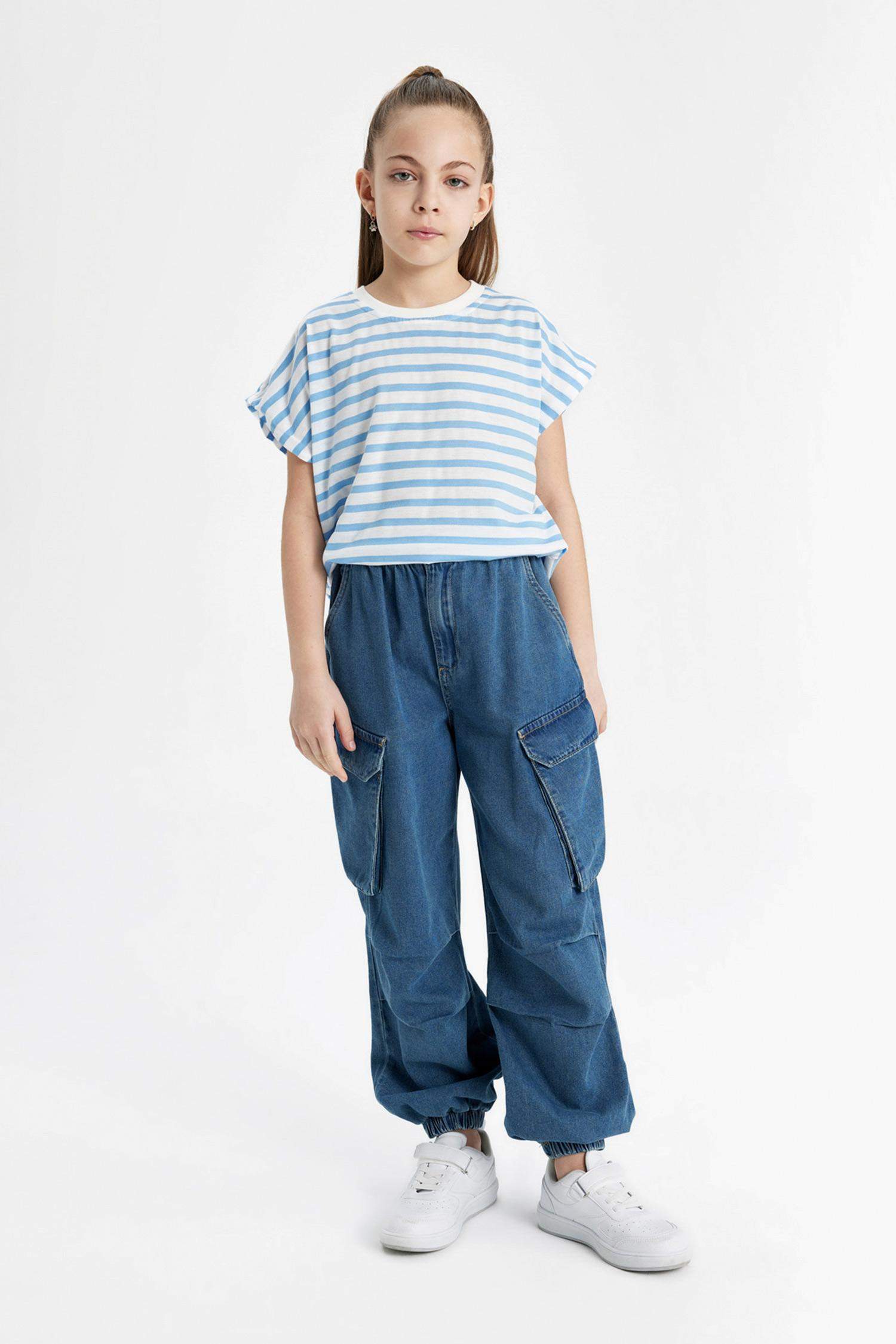 Kız Çocuk Oversize Geniş Kalıp Bisiklet Yaka Çizgili Kısa Kollu Tişört