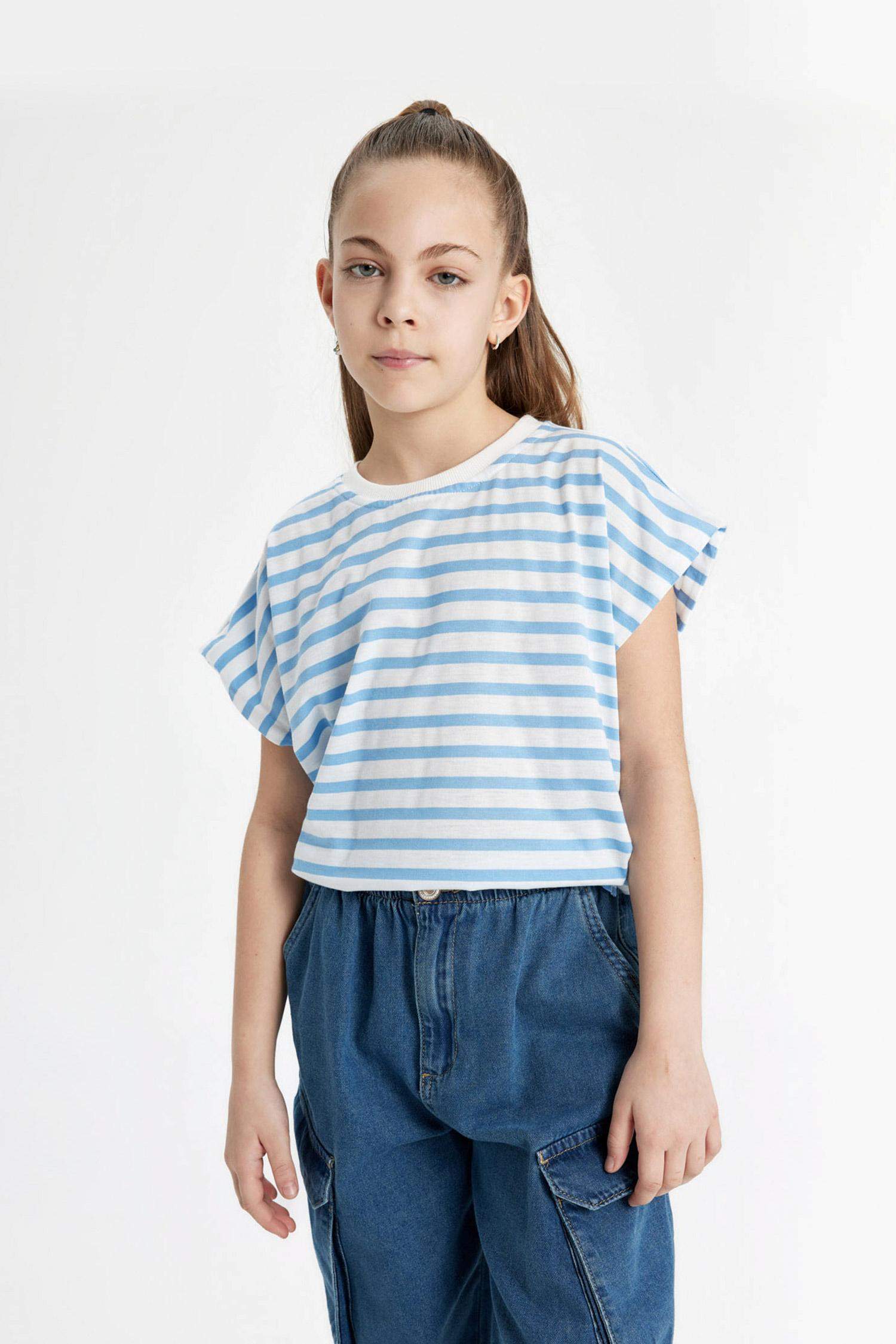 Kız Çocuk Oversize Geniş Kalıp Bisiklet Yaka Çizgili Kısa Kollu Tişört