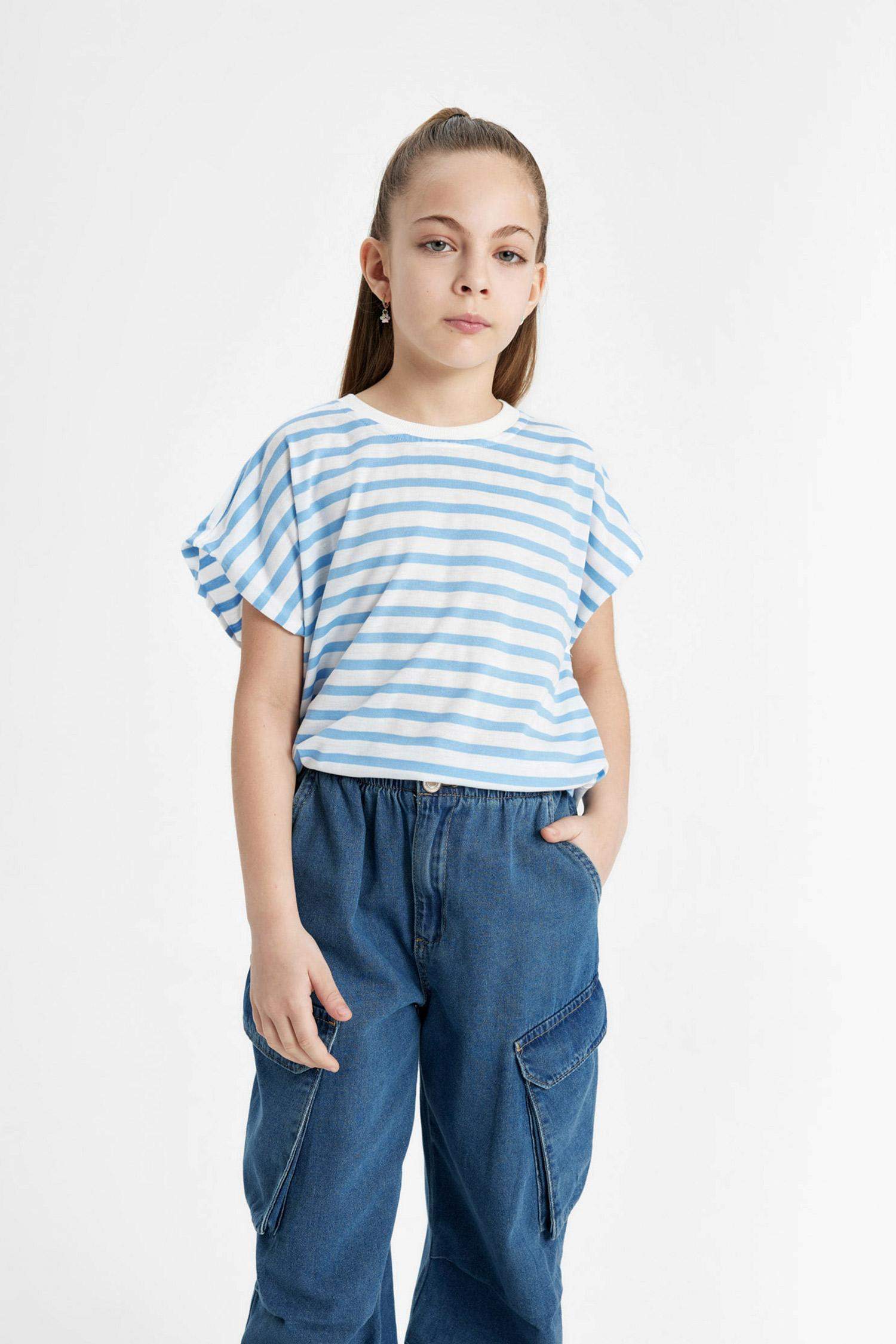 Kız Çocuk Oversize Geniş Kalıp Bisiklet Yaka Çizgili Kısa Kollu Tişört