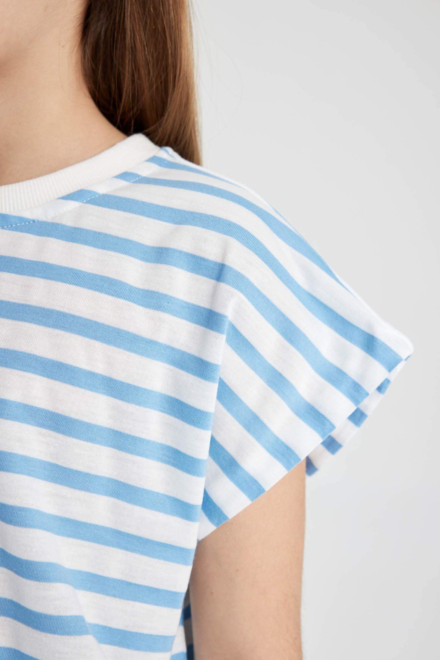 Kız Çocuk Oversize Geniş Kalıp Bisiklet Yaka Çizgili Kısa Kollu Tişört