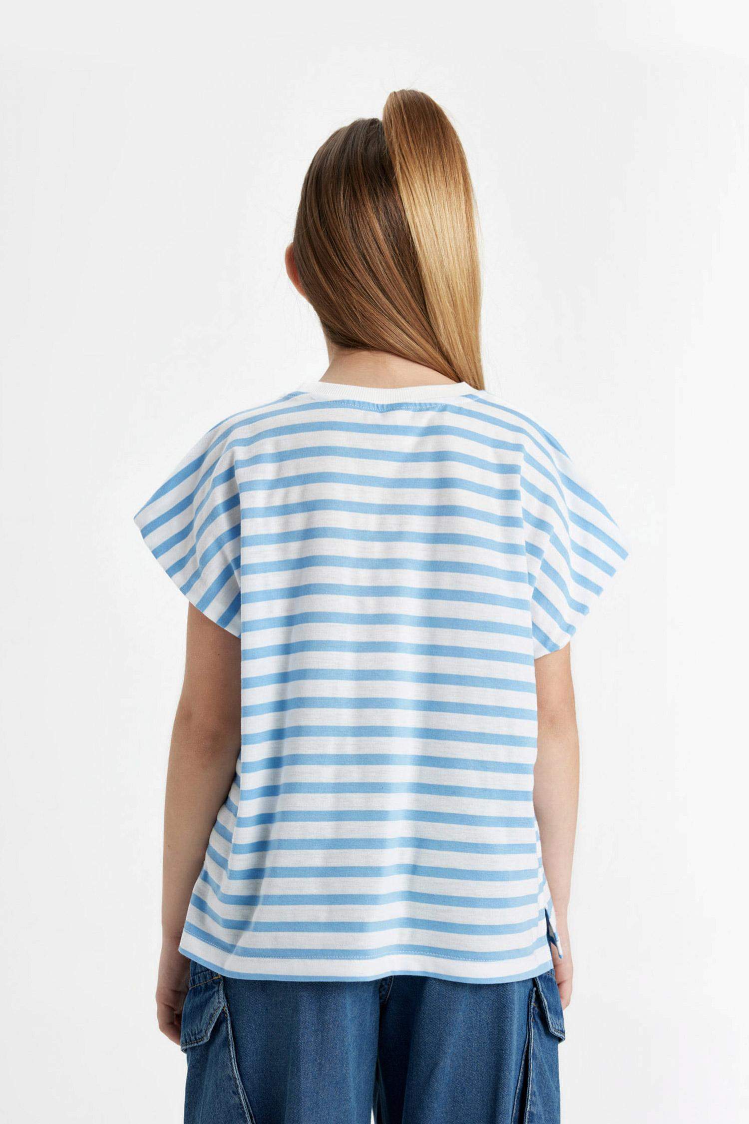 Kız Çocuk Oversize Geniş Kalıp Bisiklet Yaka Çizgili Kısa Kollu Tişört