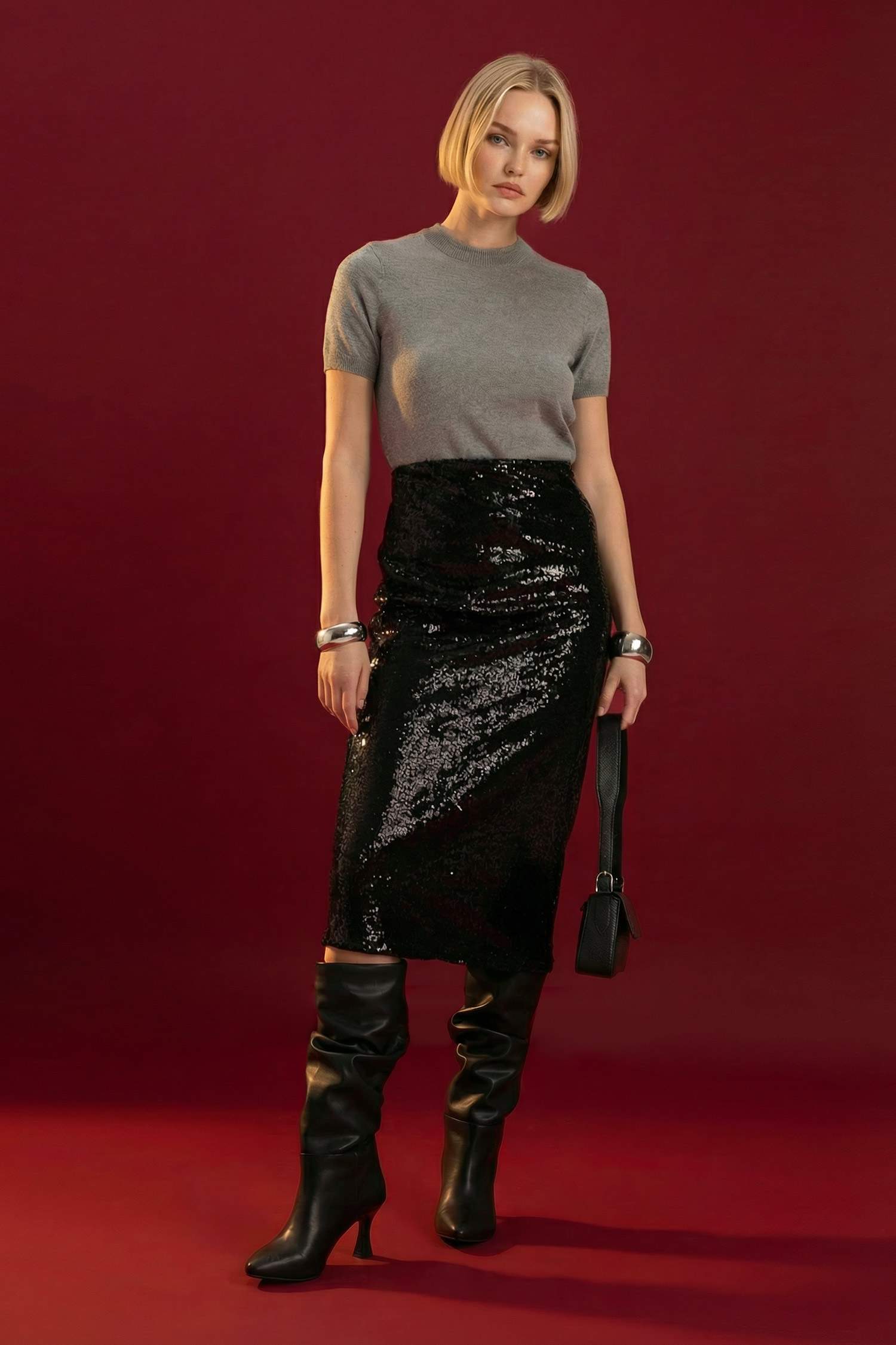 Payetli Normal Bel Astarlı Midi Etek