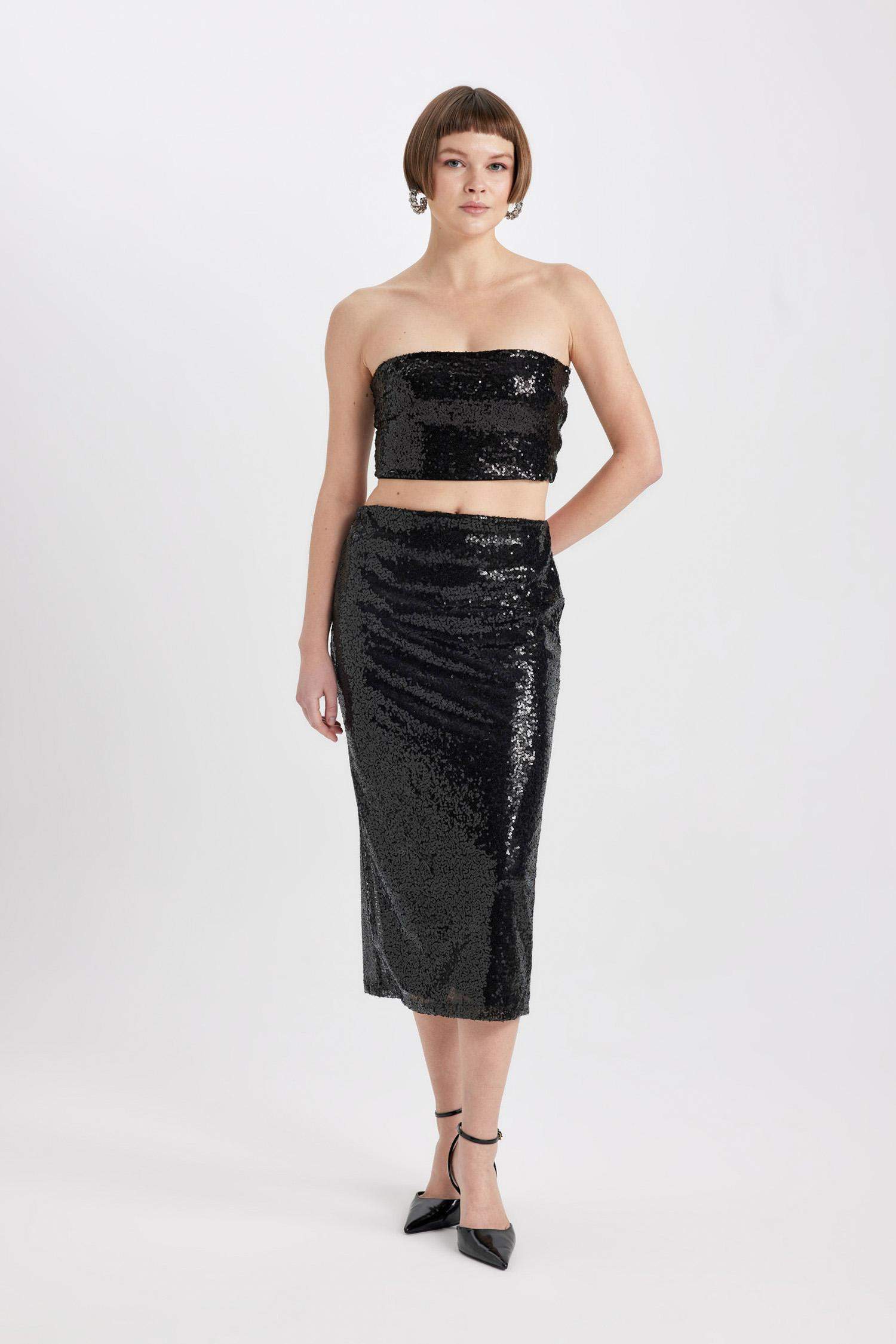 Payetli Normal Bel Astarlı Midi Etek