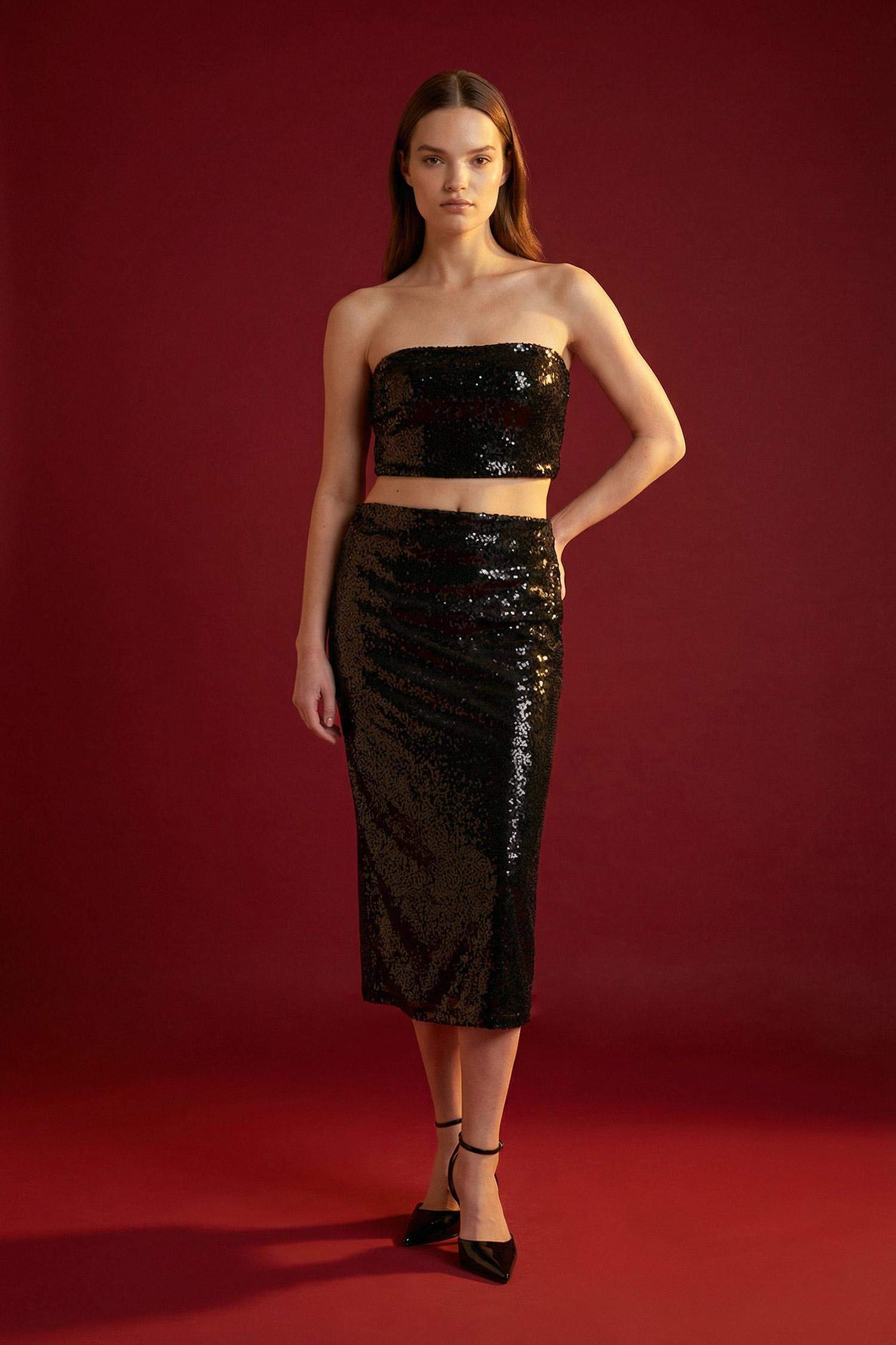 Payetli Normal Bel Astarlı Midi Etek