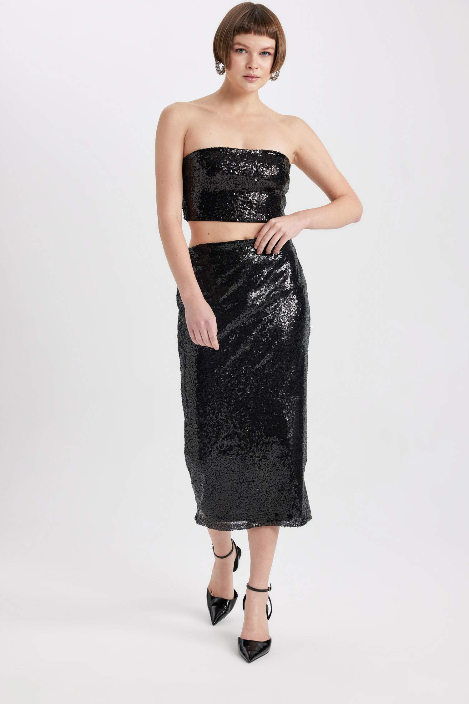 Payetli Normal Bel Astarlı Midi Etek