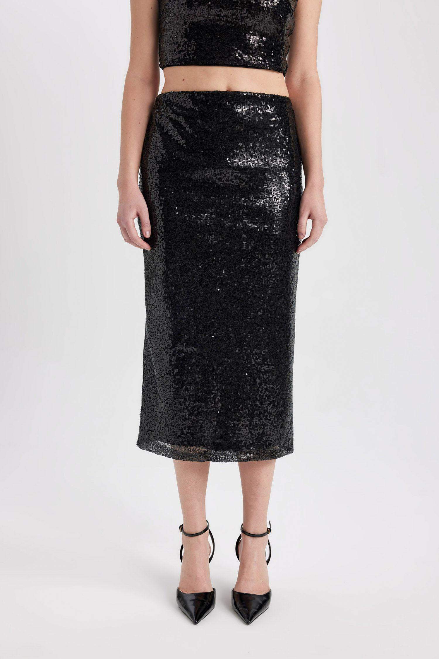 Payetli Normal Bel Astarlı Midi Etek