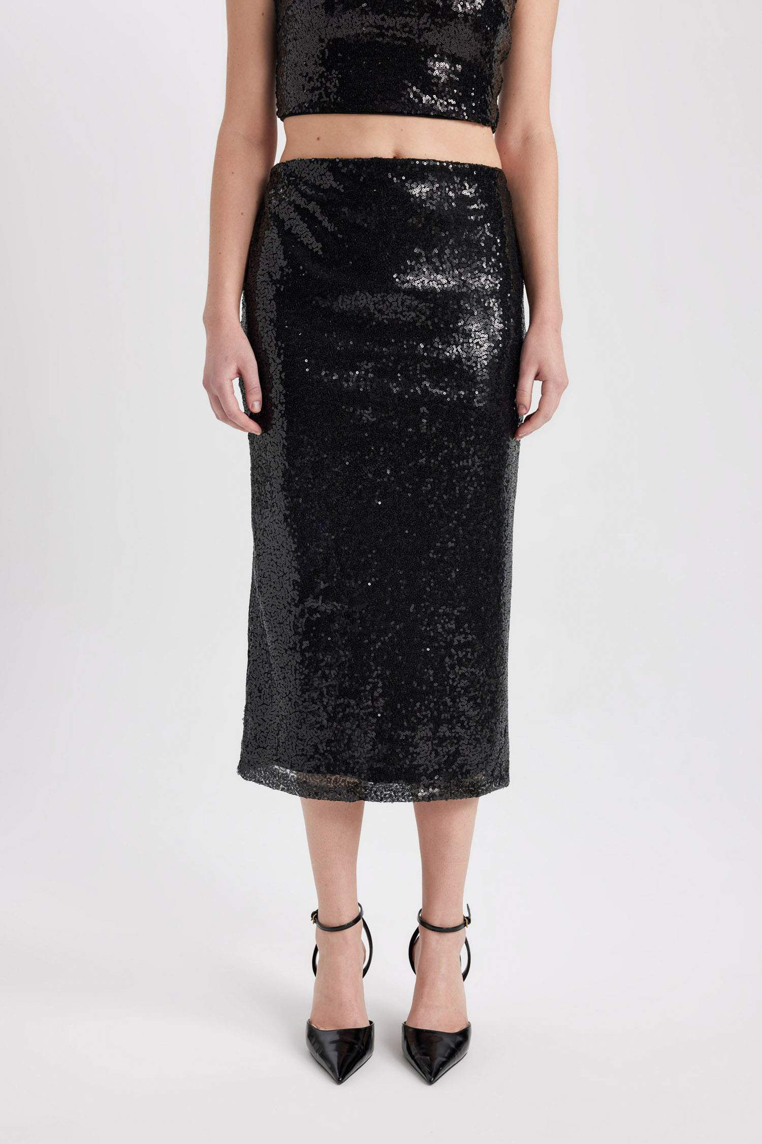 Payetli Normal Bel Astarlı Midi Etek