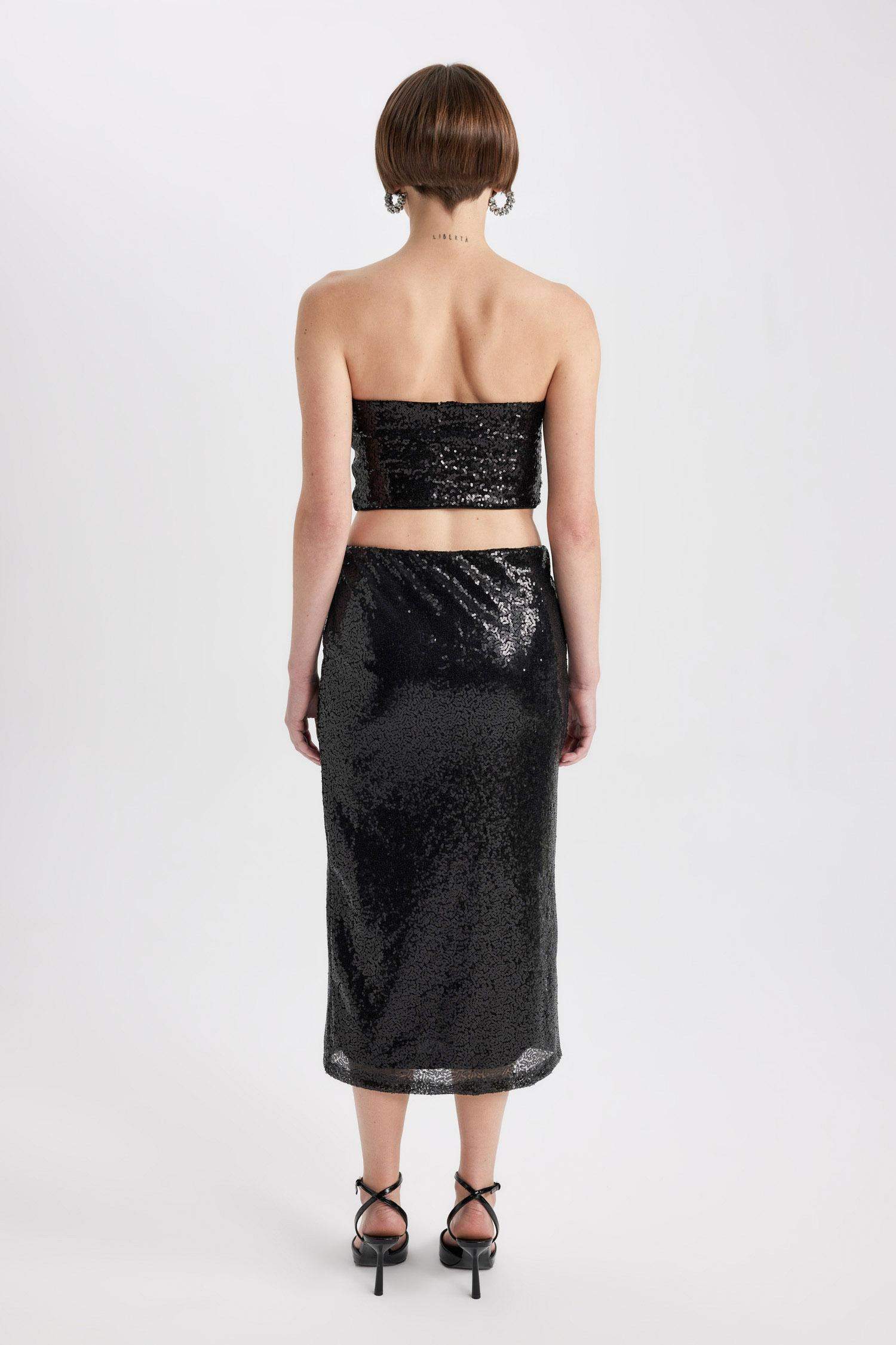 Payetli Normal Bel Astarlı Midi Etek