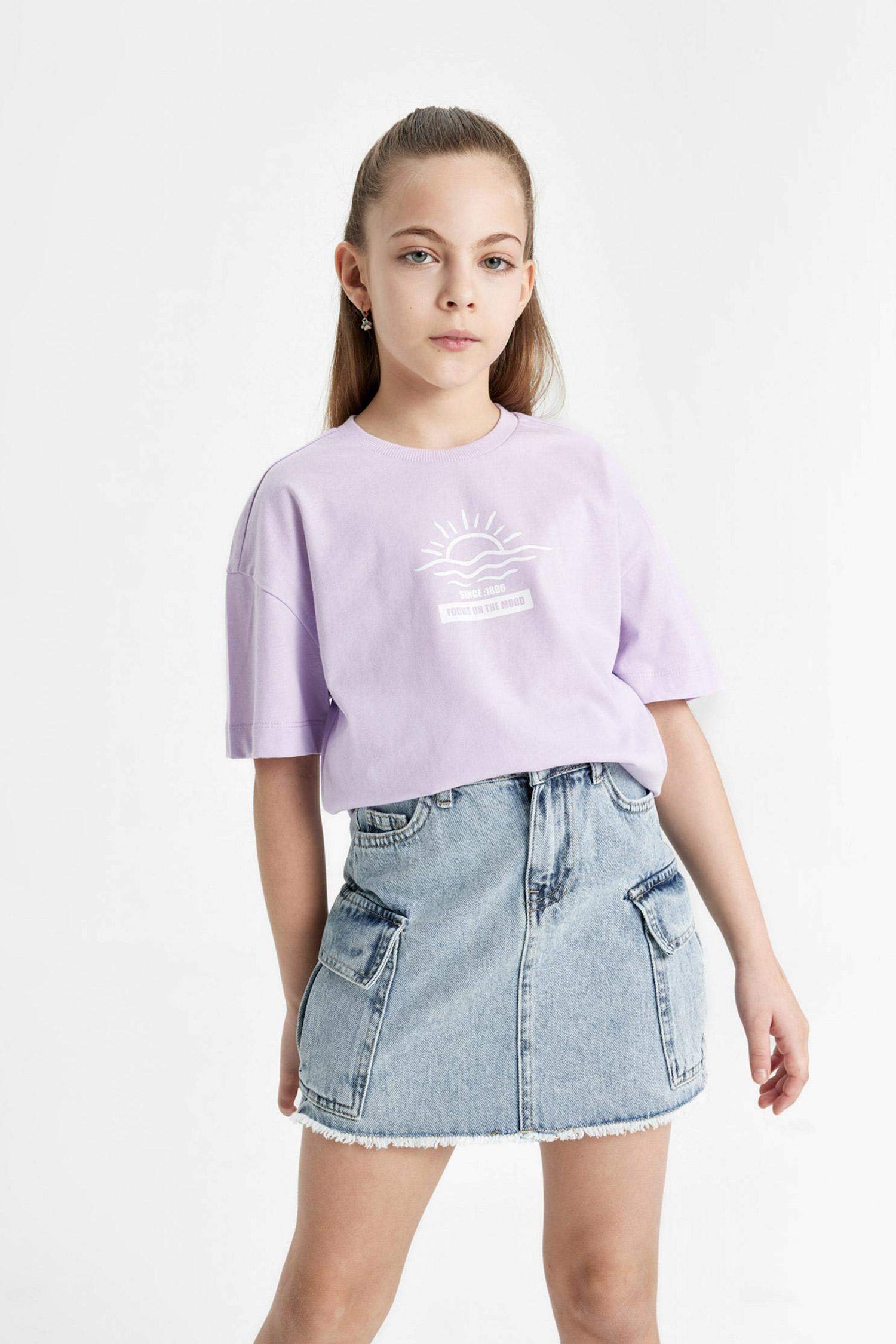 Kız Çocuk Relax Fit Bisiklet Yaka Baskılı 2'li Kısa Kollu Tişört