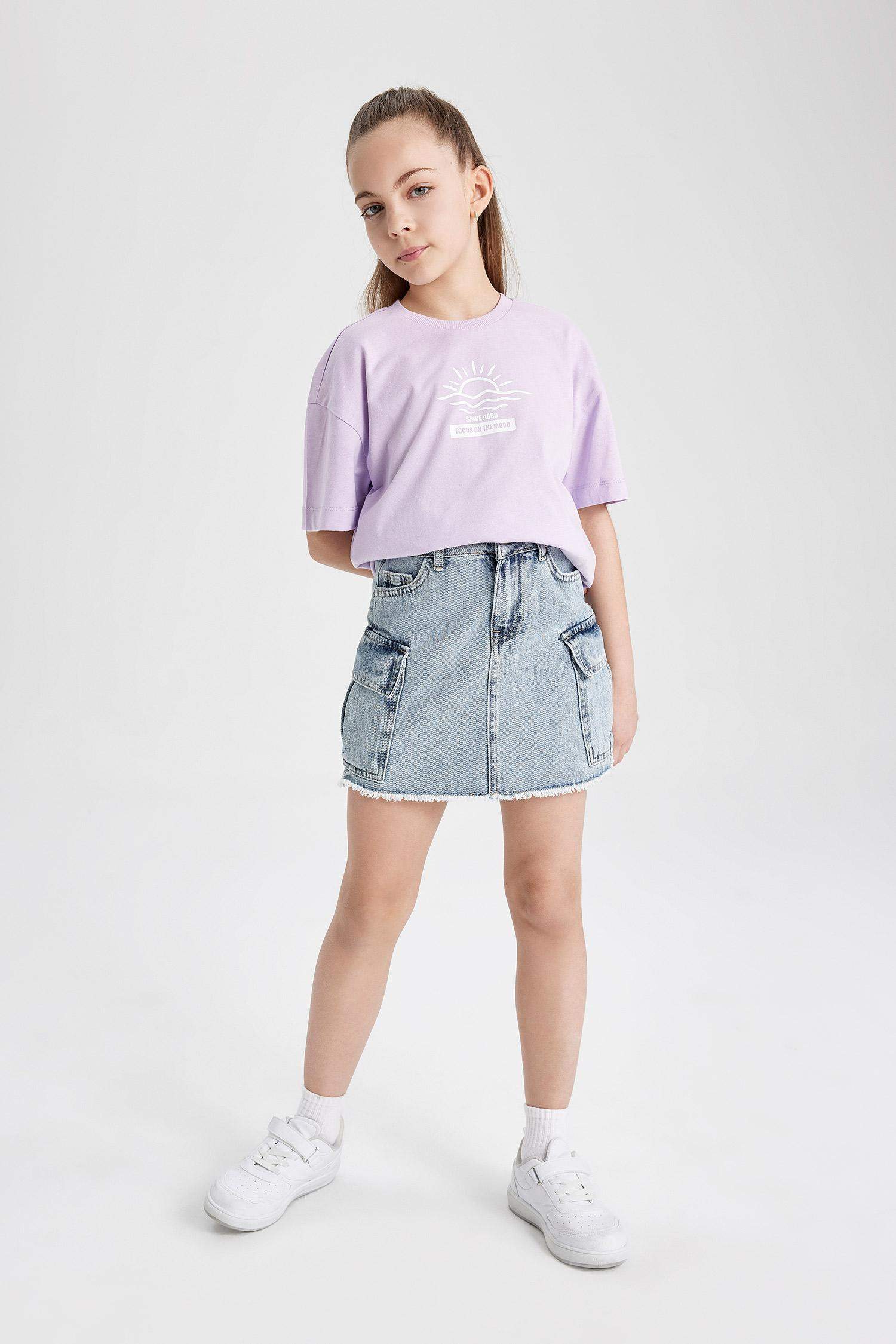 Kız Çocuk Relax Fit Bisiklet Yaka Baskılı 2'li Kısa Kollu Tişört