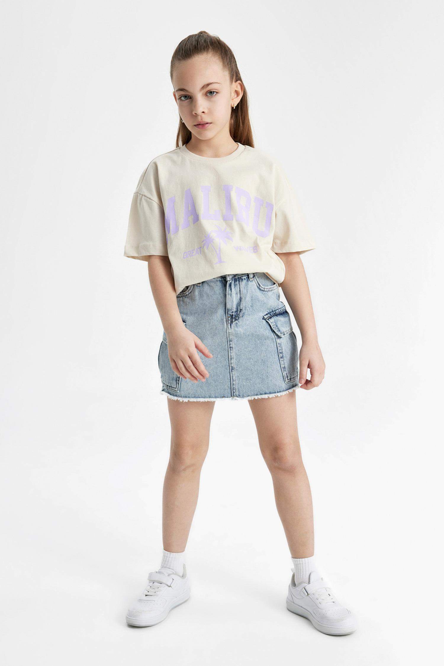 Kız Çocuk Relax Fit Bisiklet Yaka Baskılı 2'li Kısa Kollu Tişört