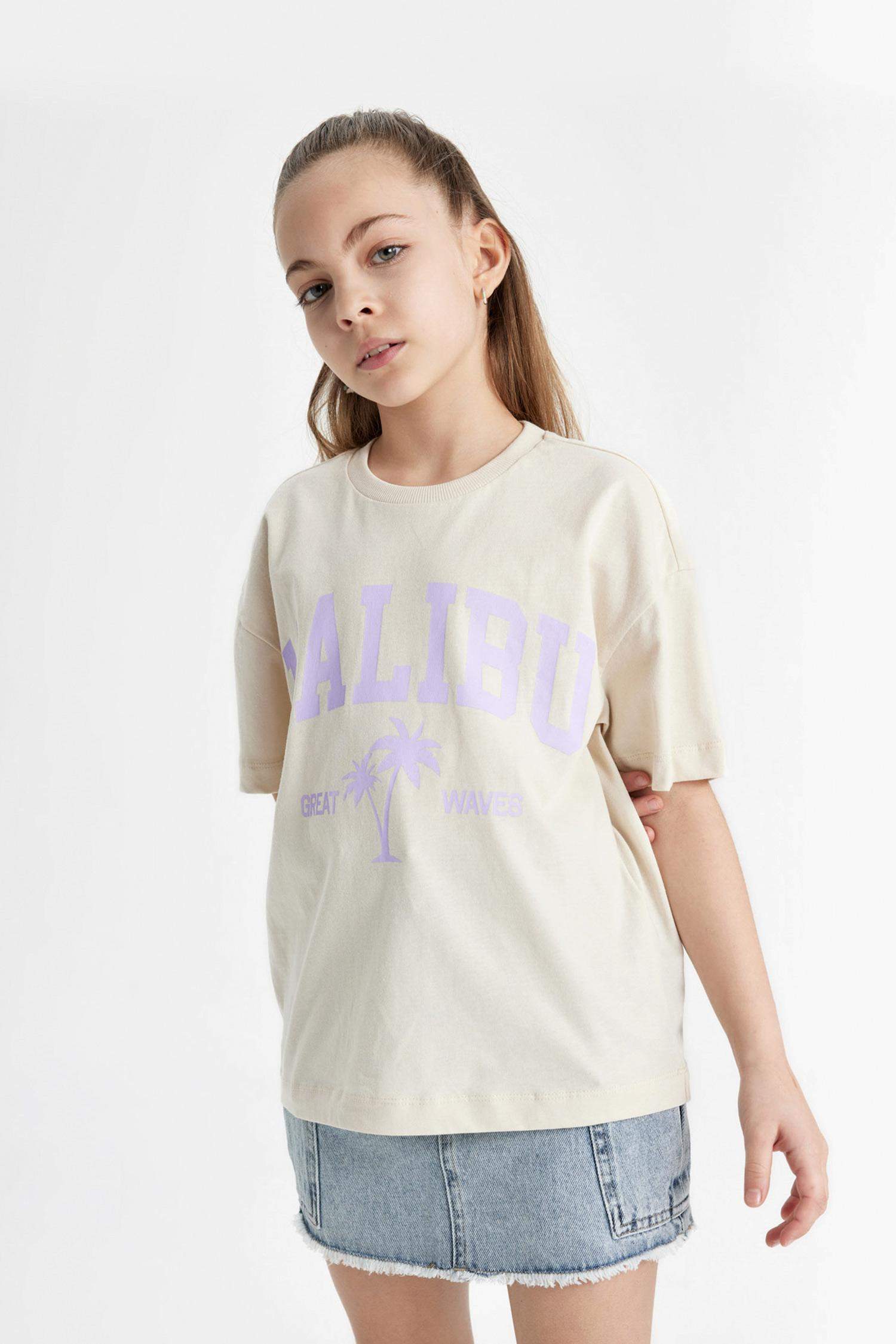 Kız Çocuk Relax Fit Bisiklet Yaka Baskılı 2'li Kısa Kollu Tişört