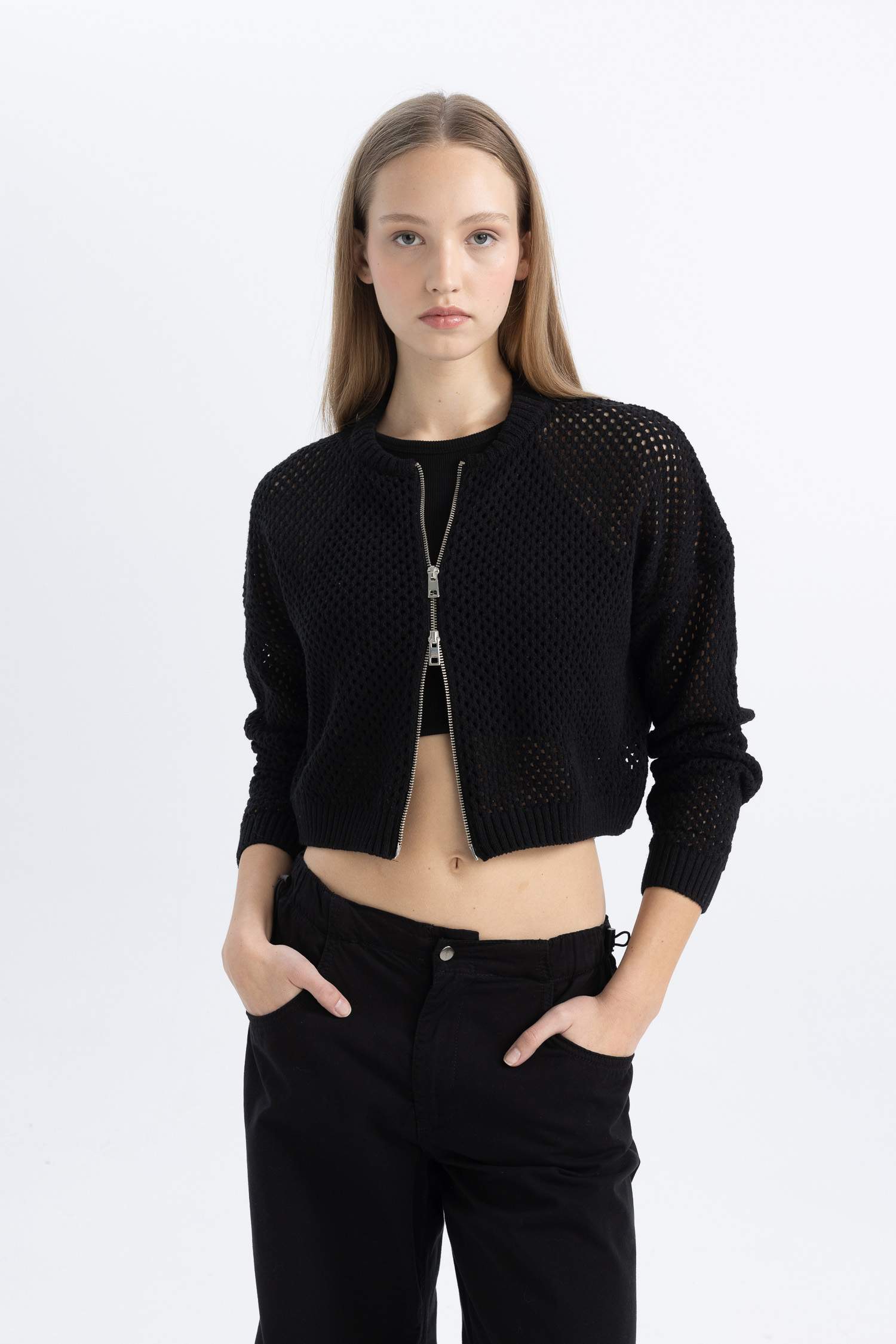 Coool Fitted Crop Fermuarlı Triko Hırka