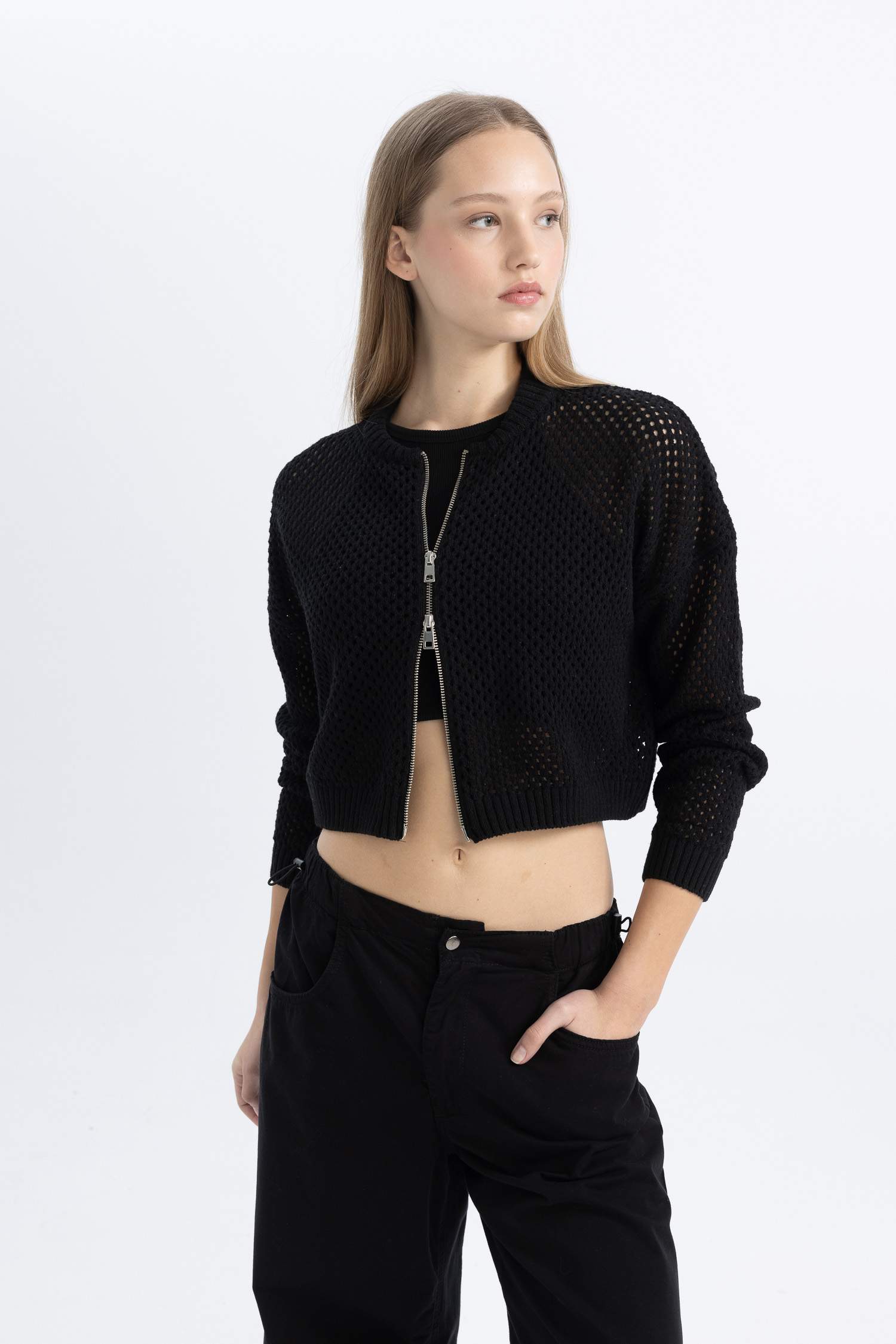 Coool Fitted Crop Fermuarlı Triko Hırka