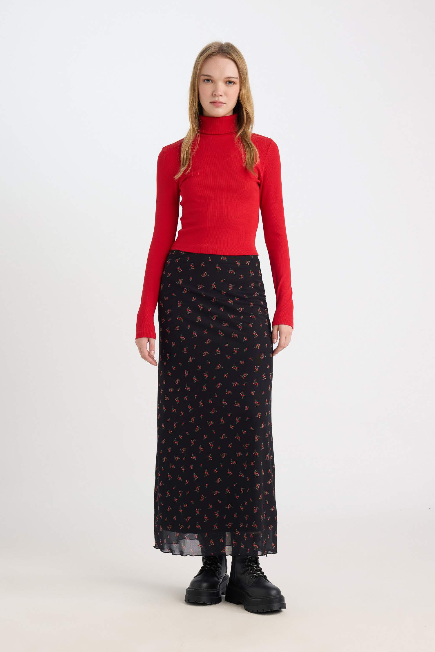 Kırmızı Coool Fitted Balıkçı Yaka Fitilli Kaşkorse Basic Düz Uzun Kollu Tişört