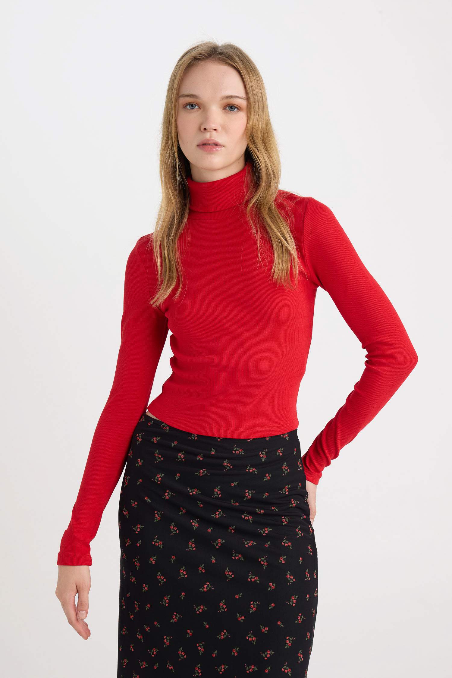 Kırmızı Coool Fitted Balıkçı Yaka Fitilli Kaşkorse Basic Düz Uzun Kollu Tişört