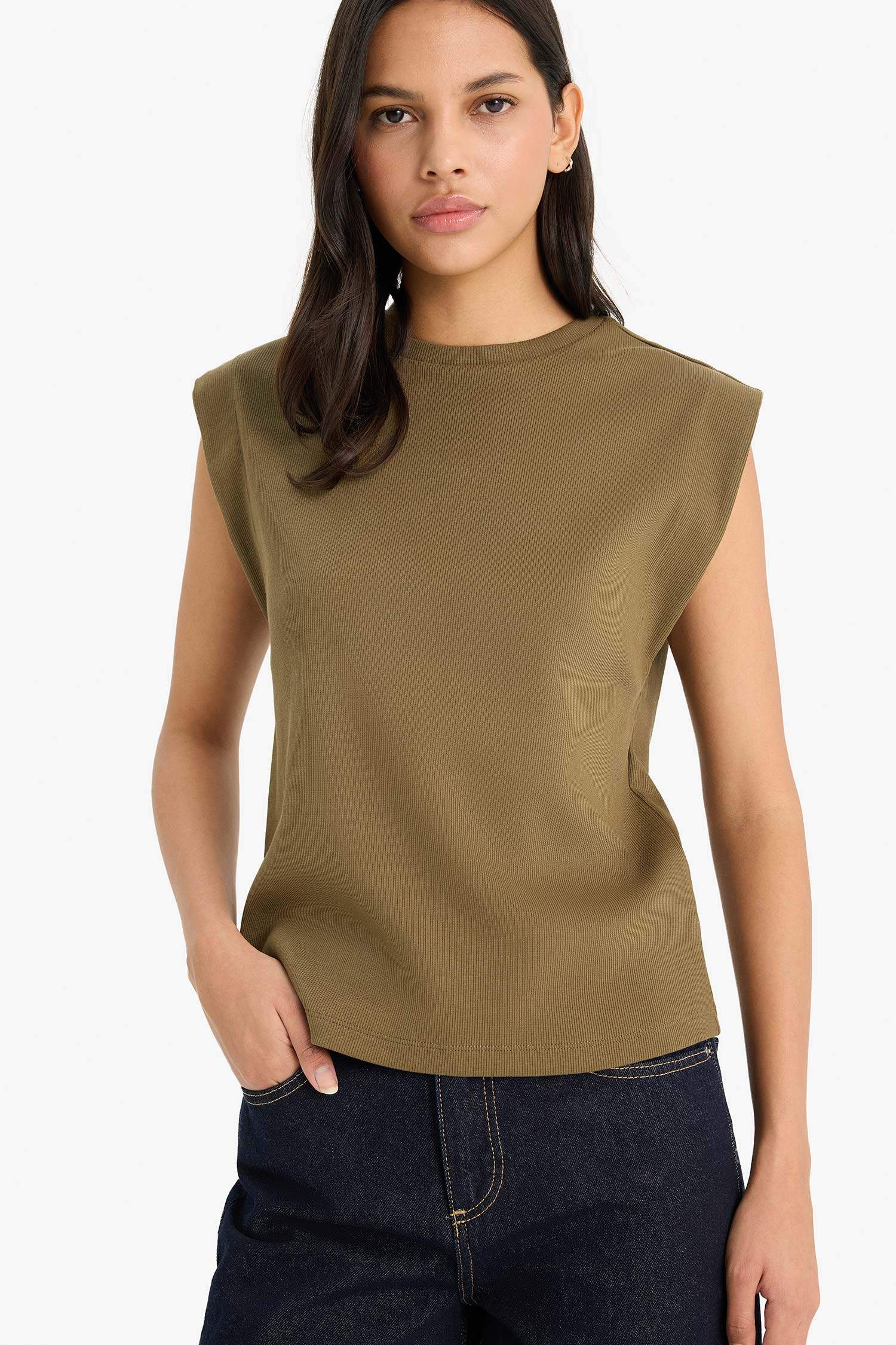 Regular Fit Crew Neck Ribbed Camisole T-Shirt
