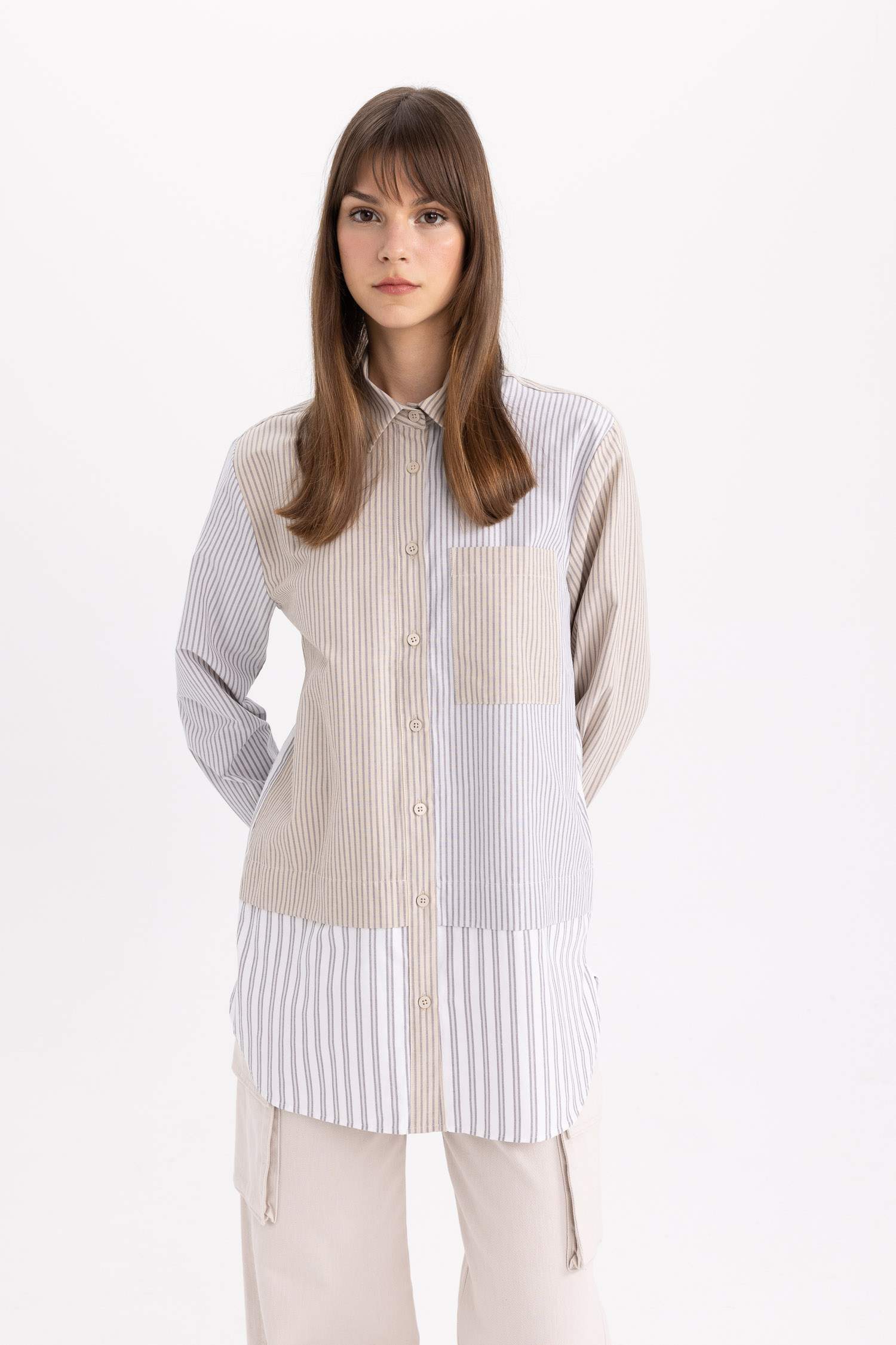 Relax Fit Striped Poplin Basic Shirt Tunic