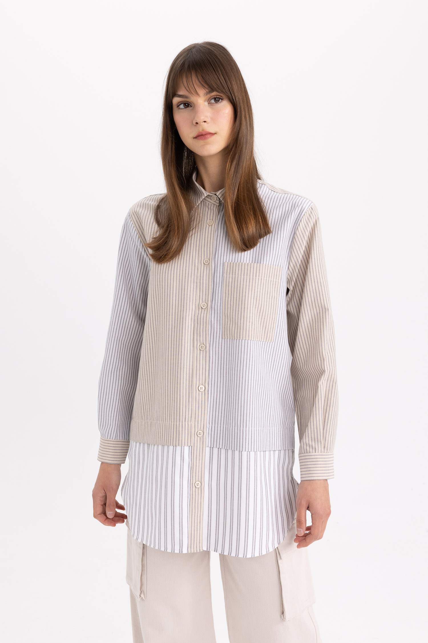 Relax Fit Striped Poplin Basic Shirt Tunic