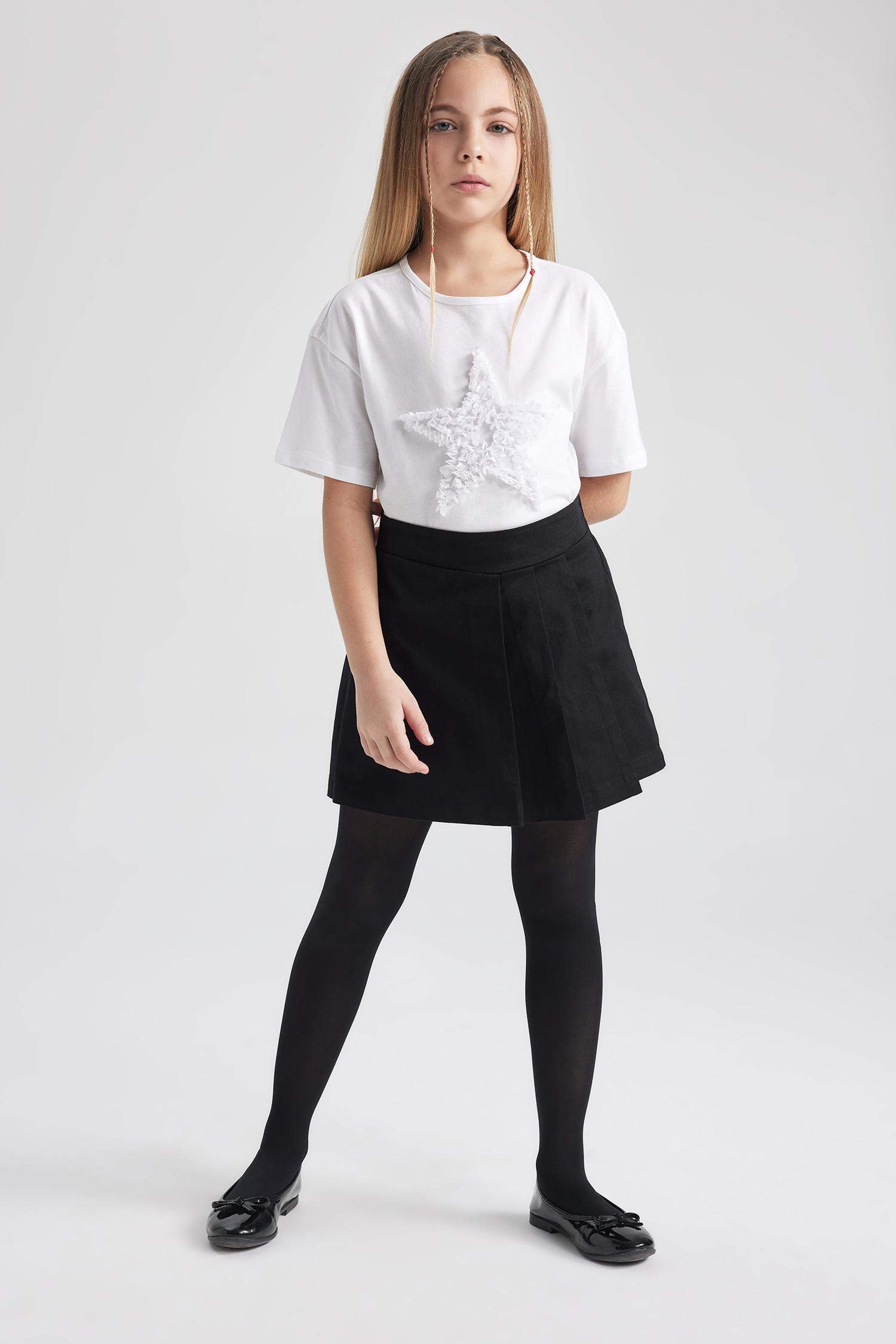 Kız Çocuk Relax Fit Bisiklet Yaka Kısa Kollu Beyaz Tişört