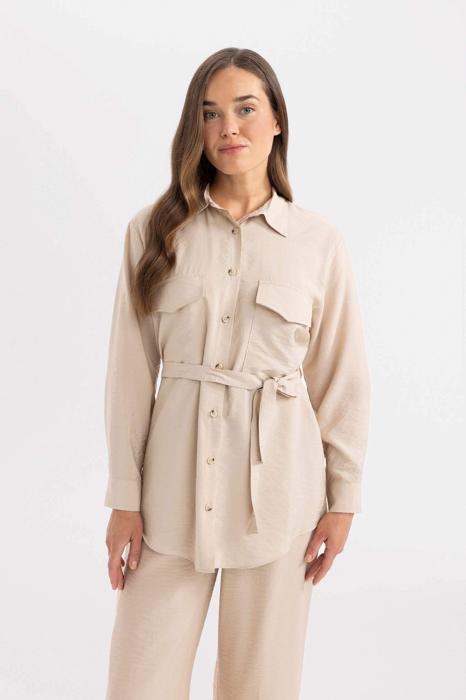 Regular Fit Long Sleeve Belted Shirt Tunic