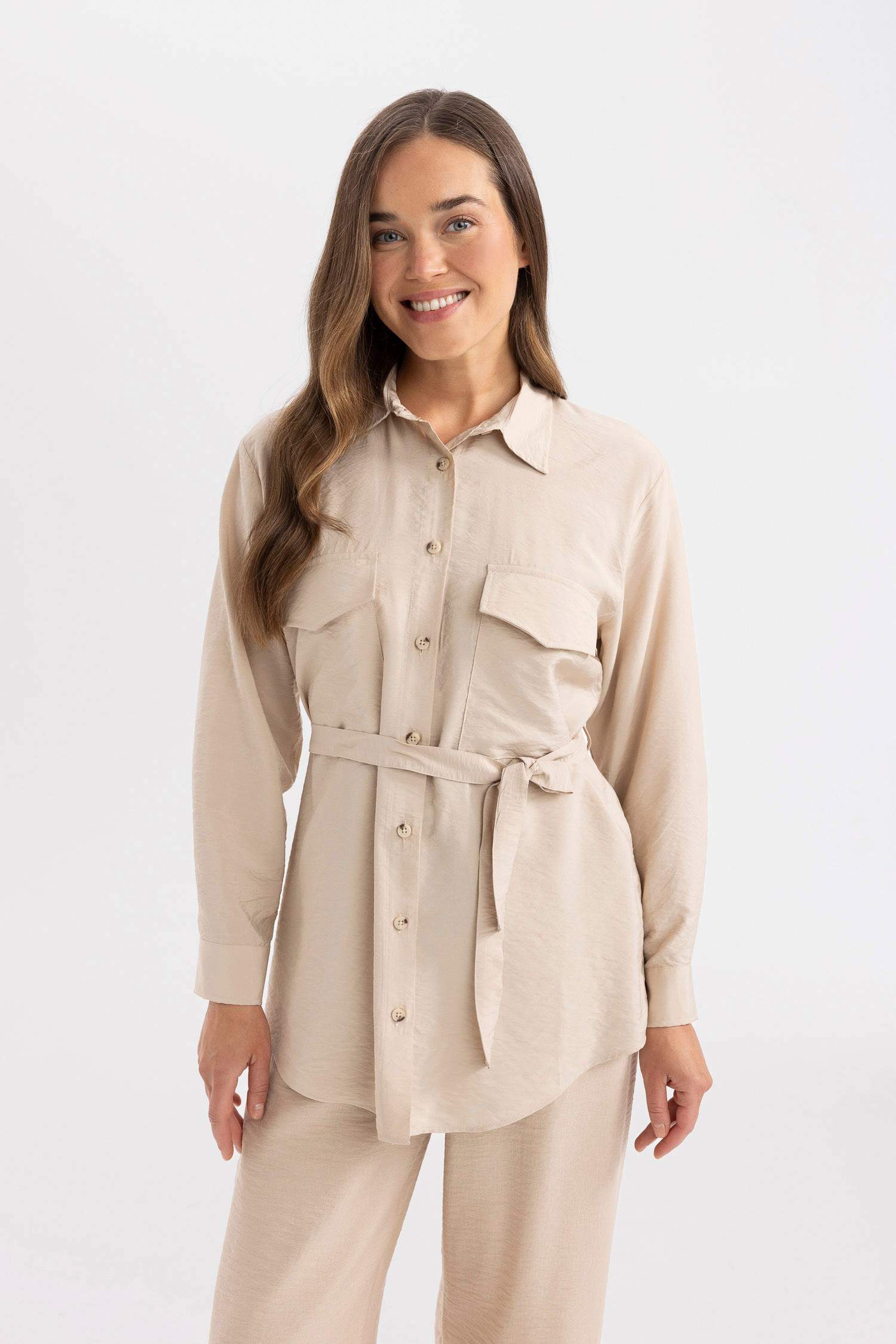 Regular Fit Long Sleeve Belted Shirt Tunic