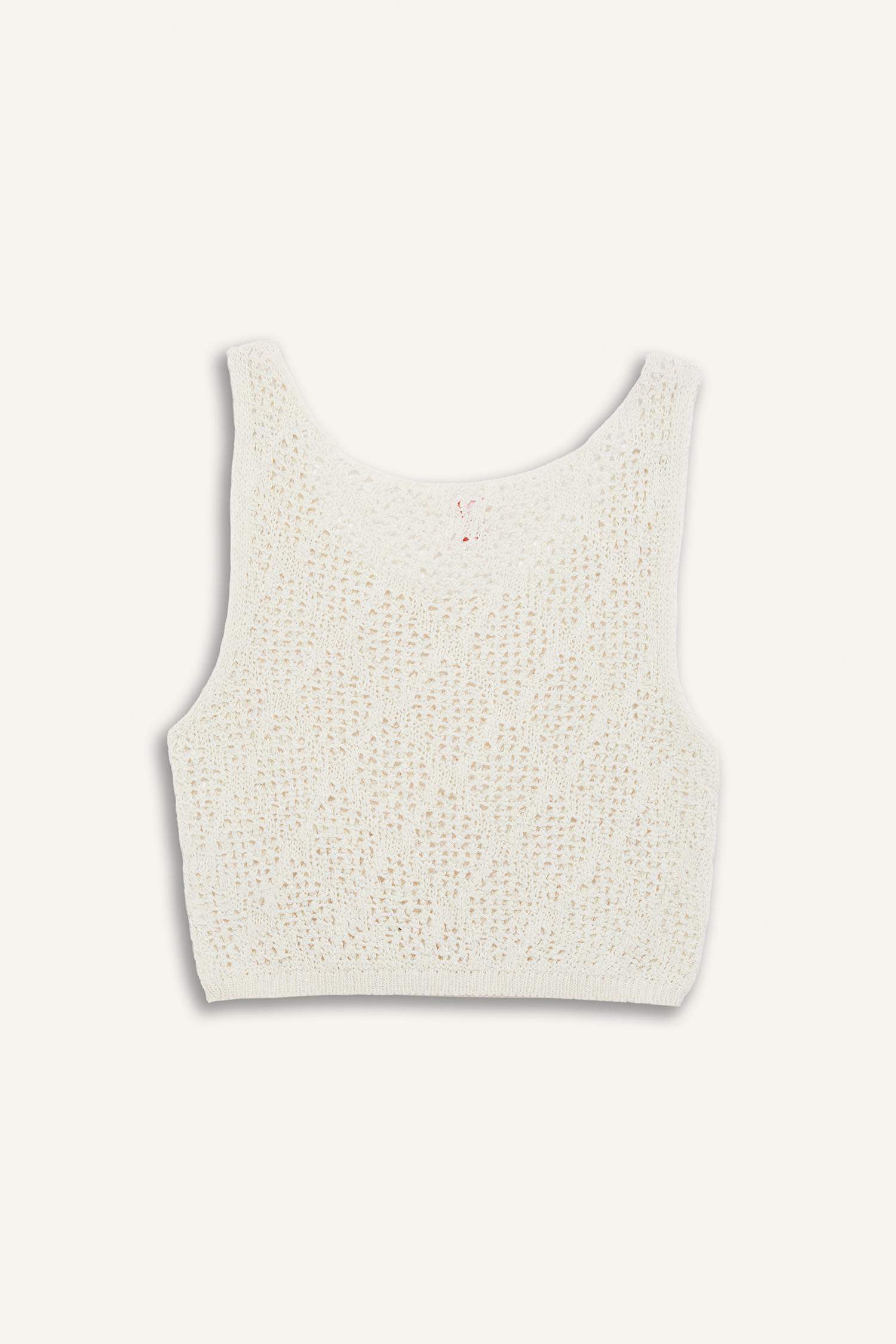 Yuvarlak Yaka Crop Kolsuz Triko Beyaz Plaj Üstü-Fall in Love