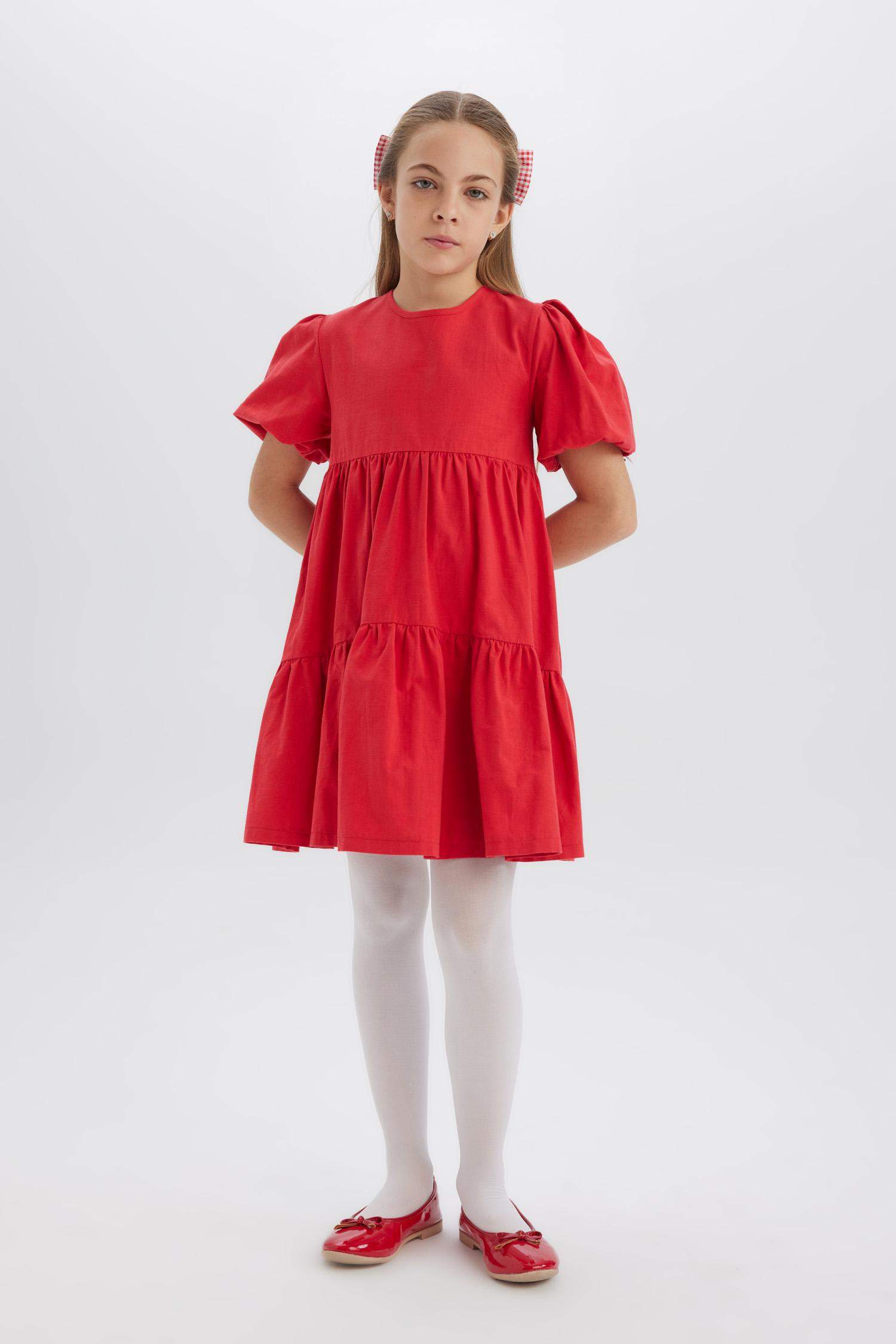 Girl Crew Neck Cotton Short Sleeve Red Dress