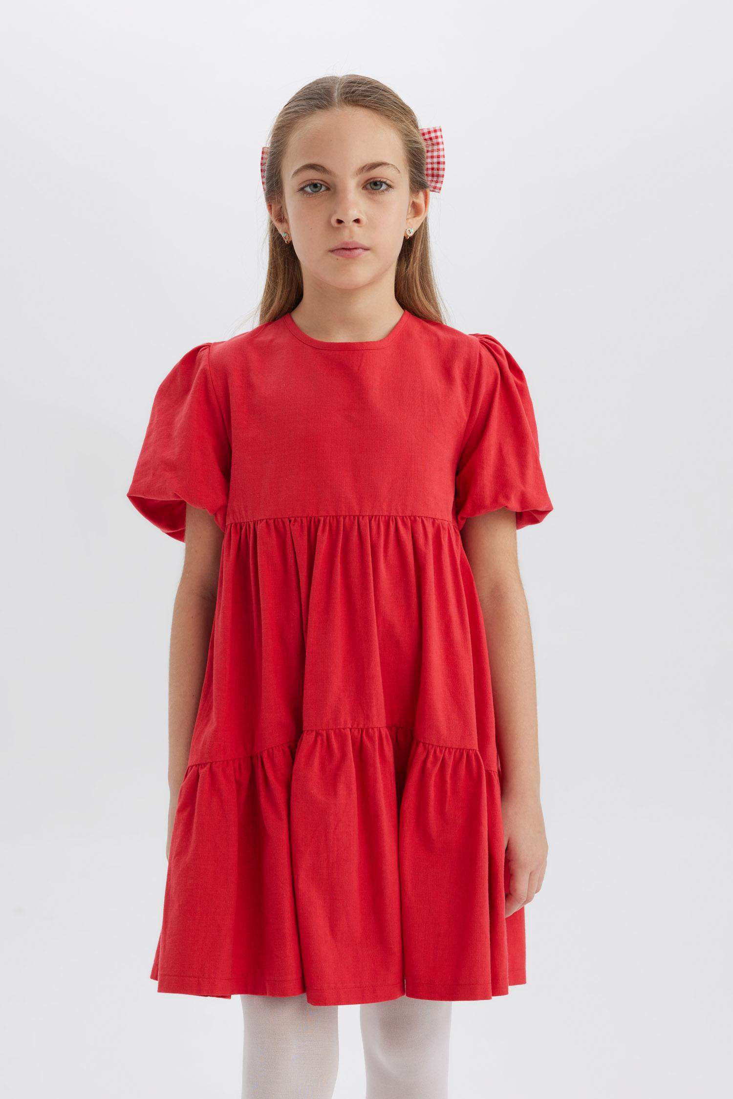 Girl Crew Neck Cotton Short Sleeve Red Dress